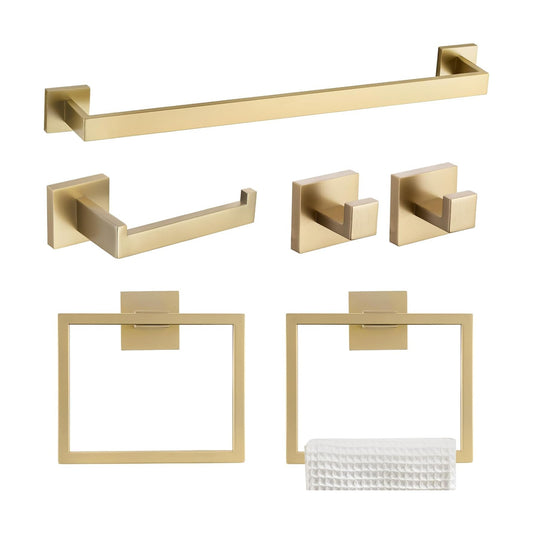 TQKAG 6-Piece Bathroom Towel Bar Sets Brushed Gold 23.6 inch Towel Bar Stainless Steel Towel Ring Coat Hook and Toilet