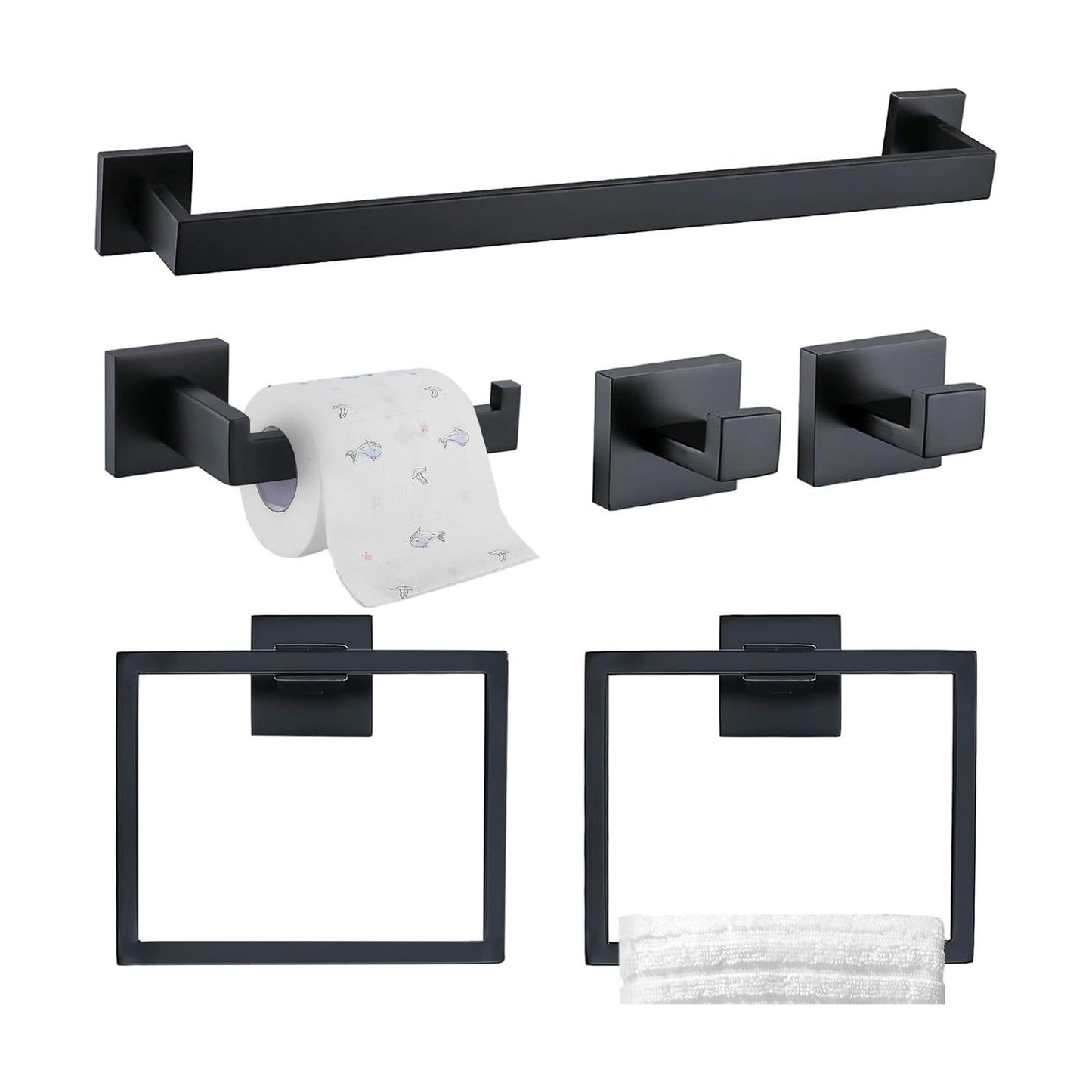 TQKAG 6-Piece Towel Bar Set, 23.6 Inch Bathroom Hardware Set, Matte Black | Stainless Steel, Wall Mounted, Black