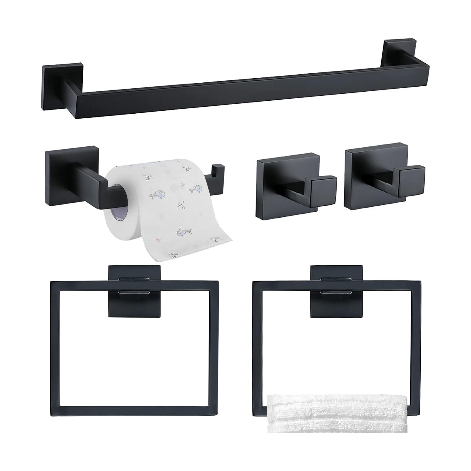 TQKAG 6-Piece Towel Bar Set, 23.6 Inch Bathroom Hardware Set, Matte Black | Stainless Steel, Wall Mounted, Black