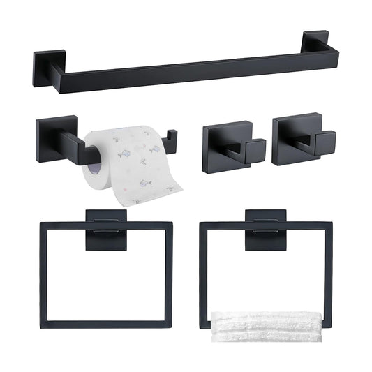 TQKAG 6-Piece Towel Bar Set, 23.6 Inch Bathroom Hardware Set, Matte Black | Stainless Steel, Wall Mounted, Black