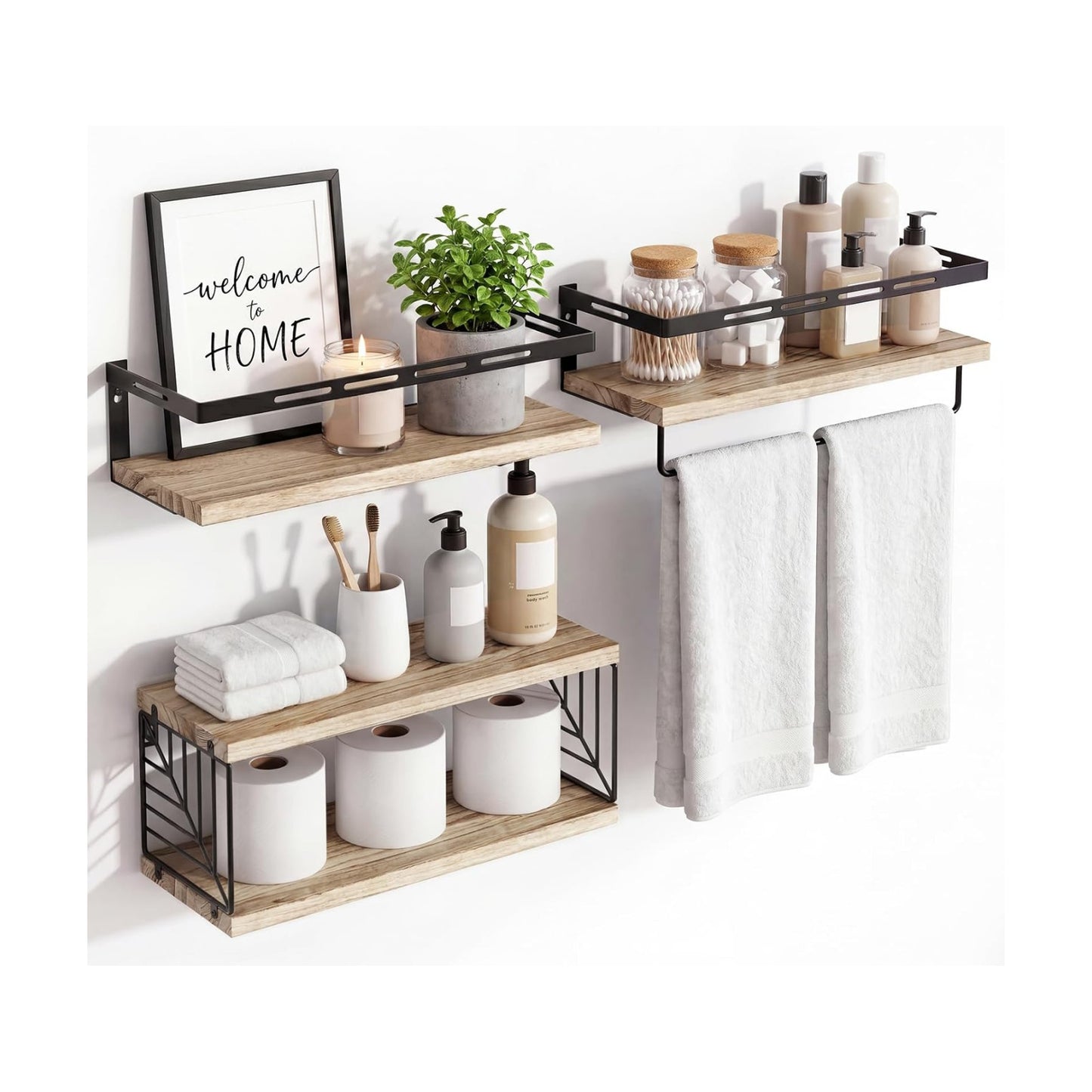 Fixwal Wall Mounted Bathroom Shelves Over Toilet (3+1 Light Brown) | Wall Shelf with Basket Storage , Towel Bar, Solid