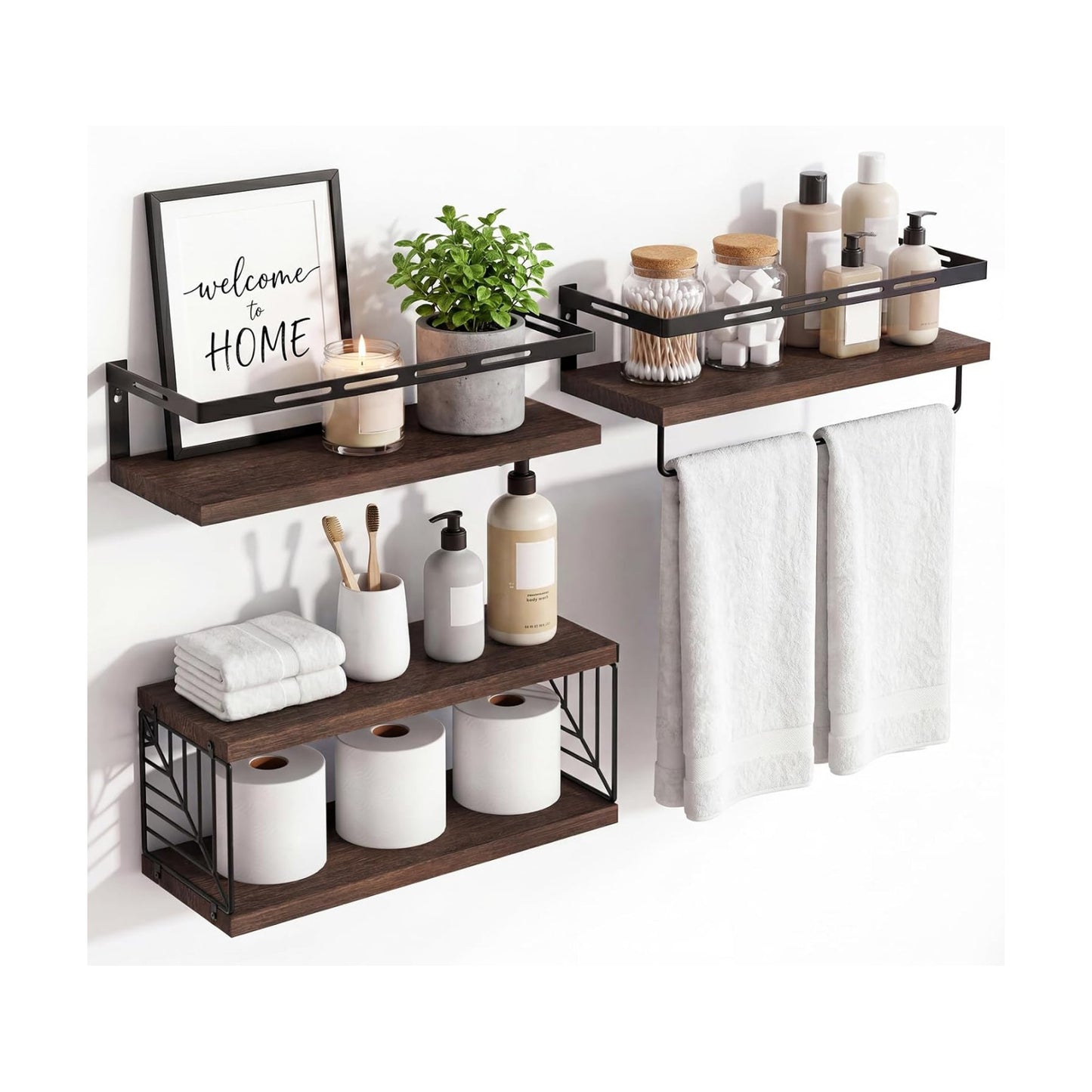 Fixwal Wall Mounted Bathroom Shelves Over Toilet (3+1 Dark Brown) | Wall Shelf with Basket Storage , Towel Bar, Solid