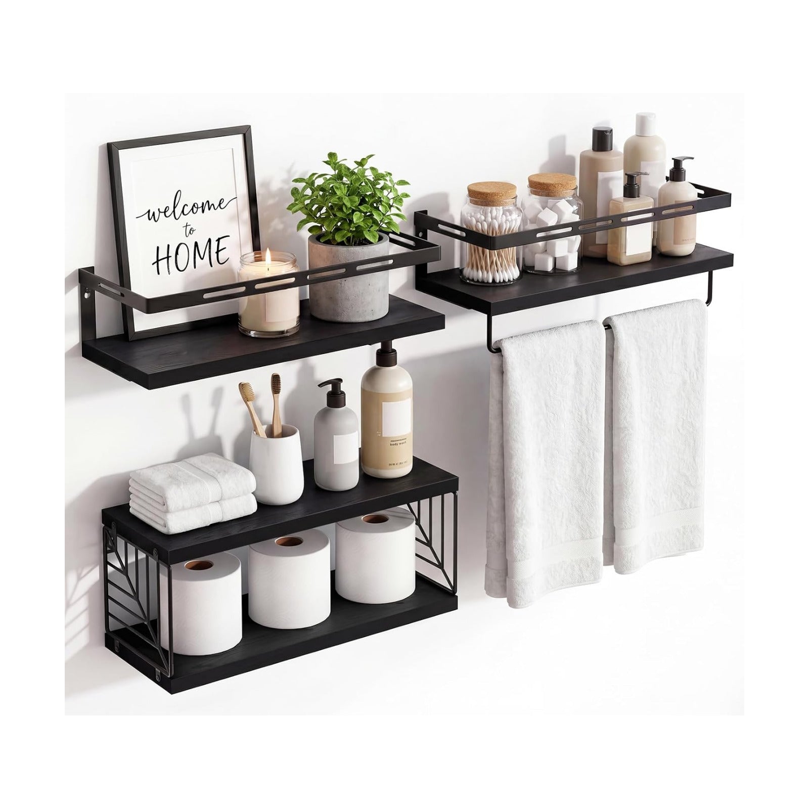 Fixwal Wall Mounted Bathroom Shelves Over Toilet (3+1 Black) | Wall Shelf with Basket Storage , Towel Bar, Solid Wood