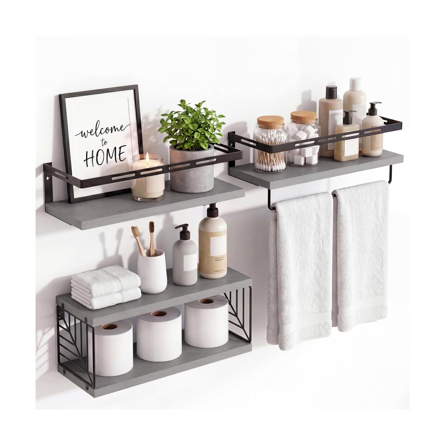 Fixwal Wall Mounted Bathroom Shelves Over Toilet (3+1 Gray) | Wall Shelf with Basket Storage , Towel Bar, Solid Wood