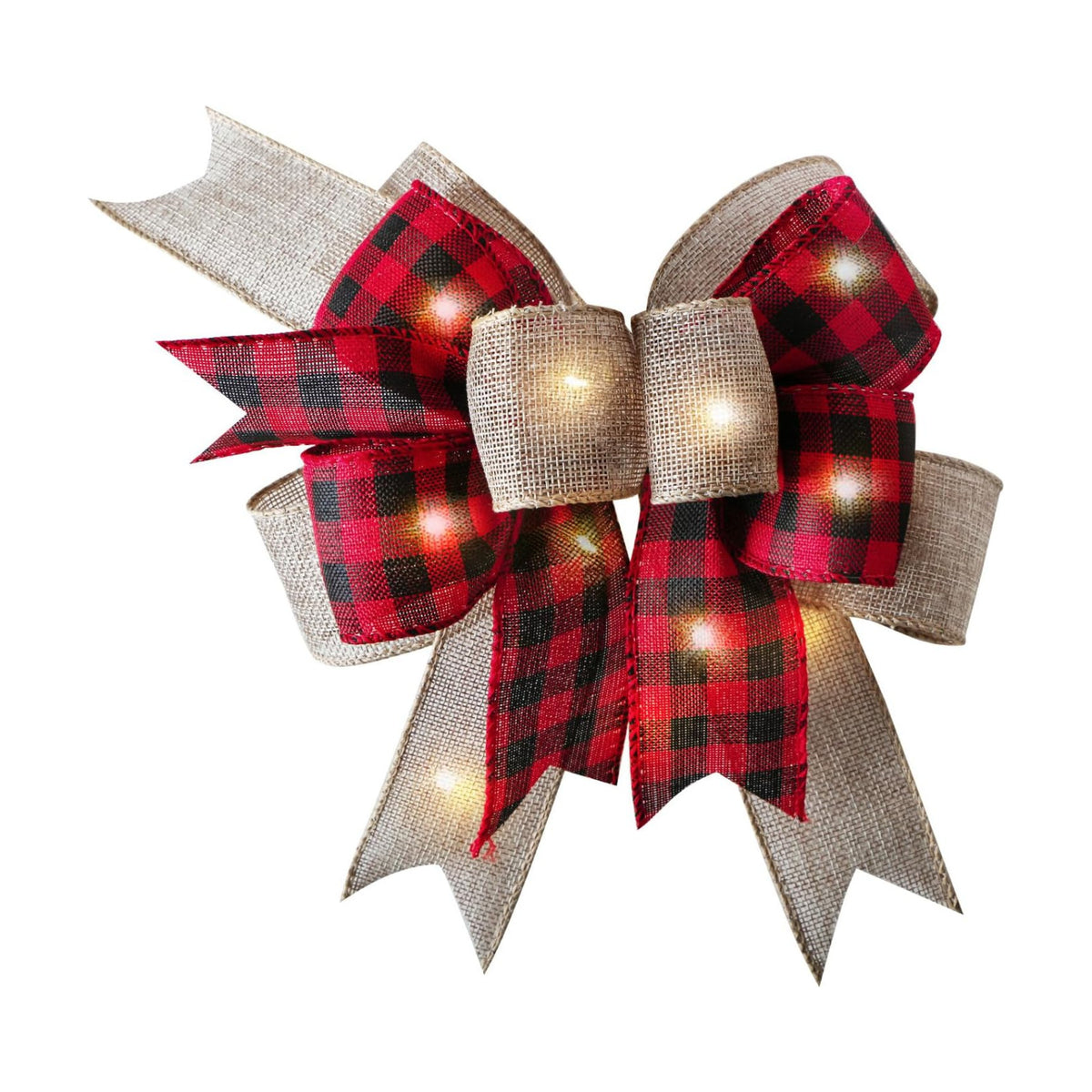 SIMISI RIBBON LED Christmas Buffalo Plaid Bow Rustic Burlap Black Red Crafts Wreath Bow with LED Lights for Holiday Decorations (9.5 x 13 inch)