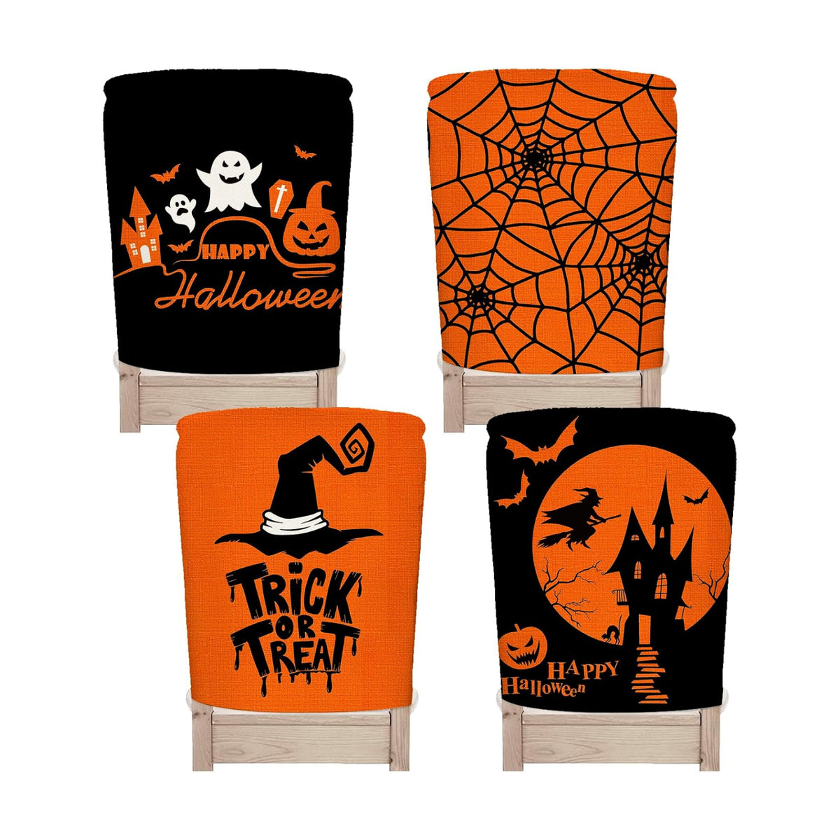 Whaline 4 Pack Happy Halloween Chair Covers Spooky Chair Back Covers Halloween Ghost Witch Bat Dining Room Seat Covers Orange Black Chair Slipcovers for Home Dining Room Kitchen Halloween Party