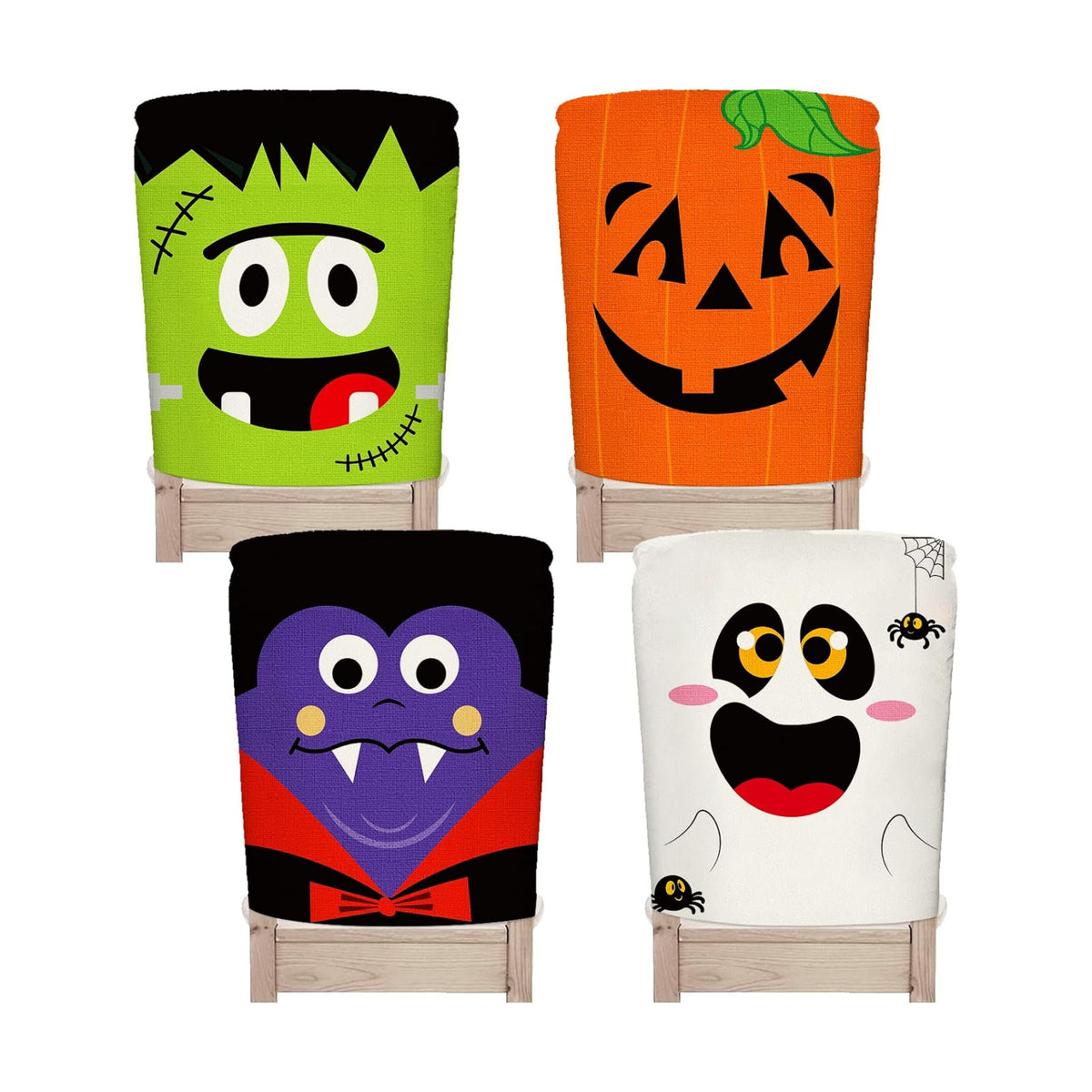 Whaline 4 Pack Halloween Chair Covers Spooky Chair Back Covers Cute Cartoon Halloween Characters Dining Room Seat Covers Removable Washable Chair Slipcovers for Halloween Party Home Kitchen Decor