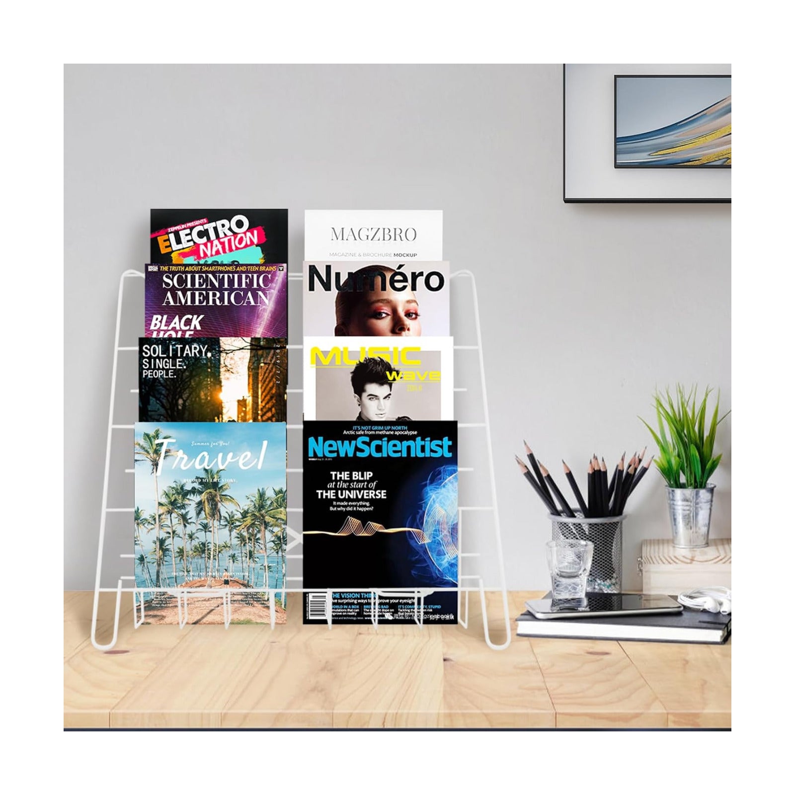 Wire Magazine Rack with 4 Open Tiers, Holds Both Magazines and Brochures, Includes Sign Channel at the Front - White