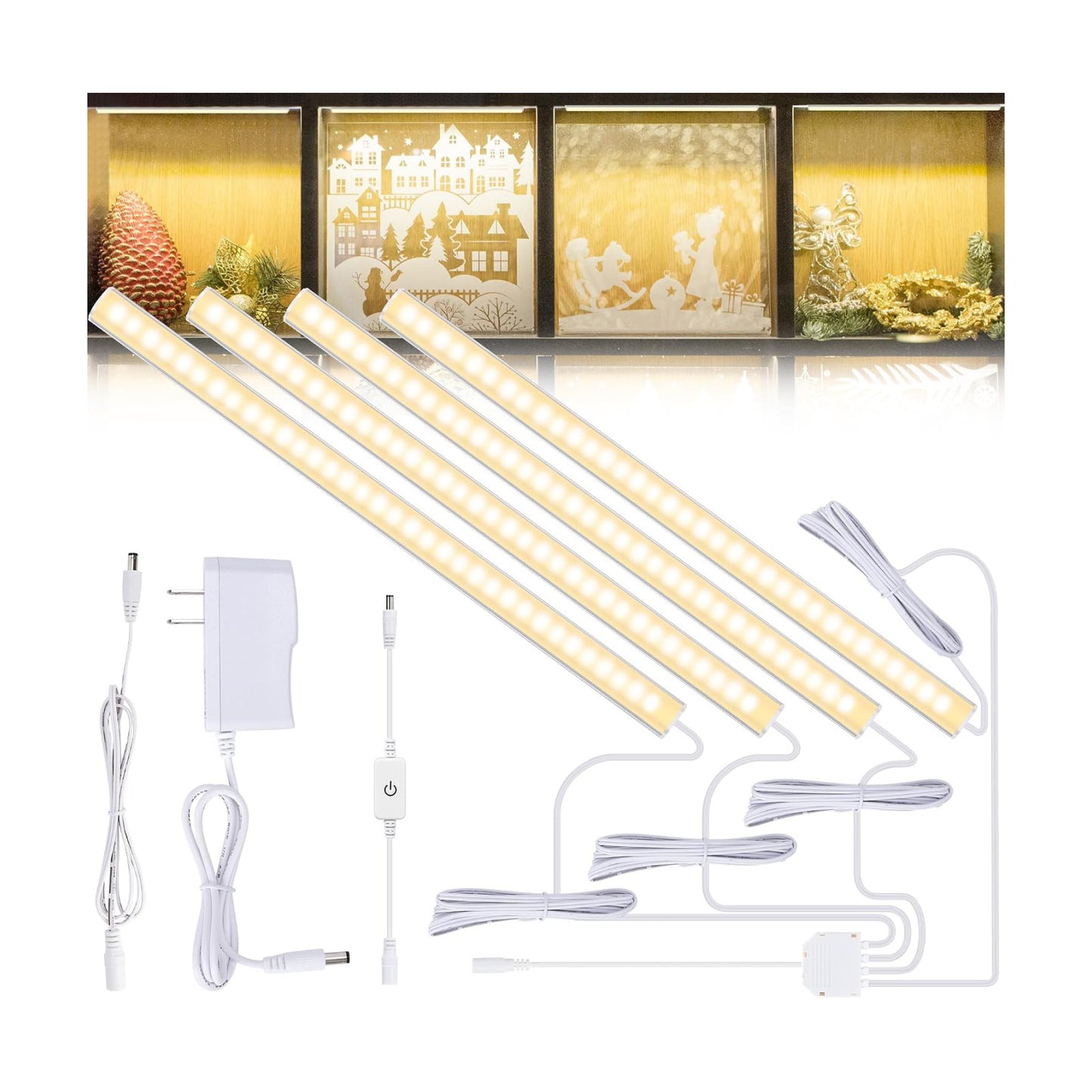 JUSJUBR 4PCS x 12inch Display Cabinet Lights Warm White, Dimmable LED Shelf Lighting with Memory Function, Bookshelf
