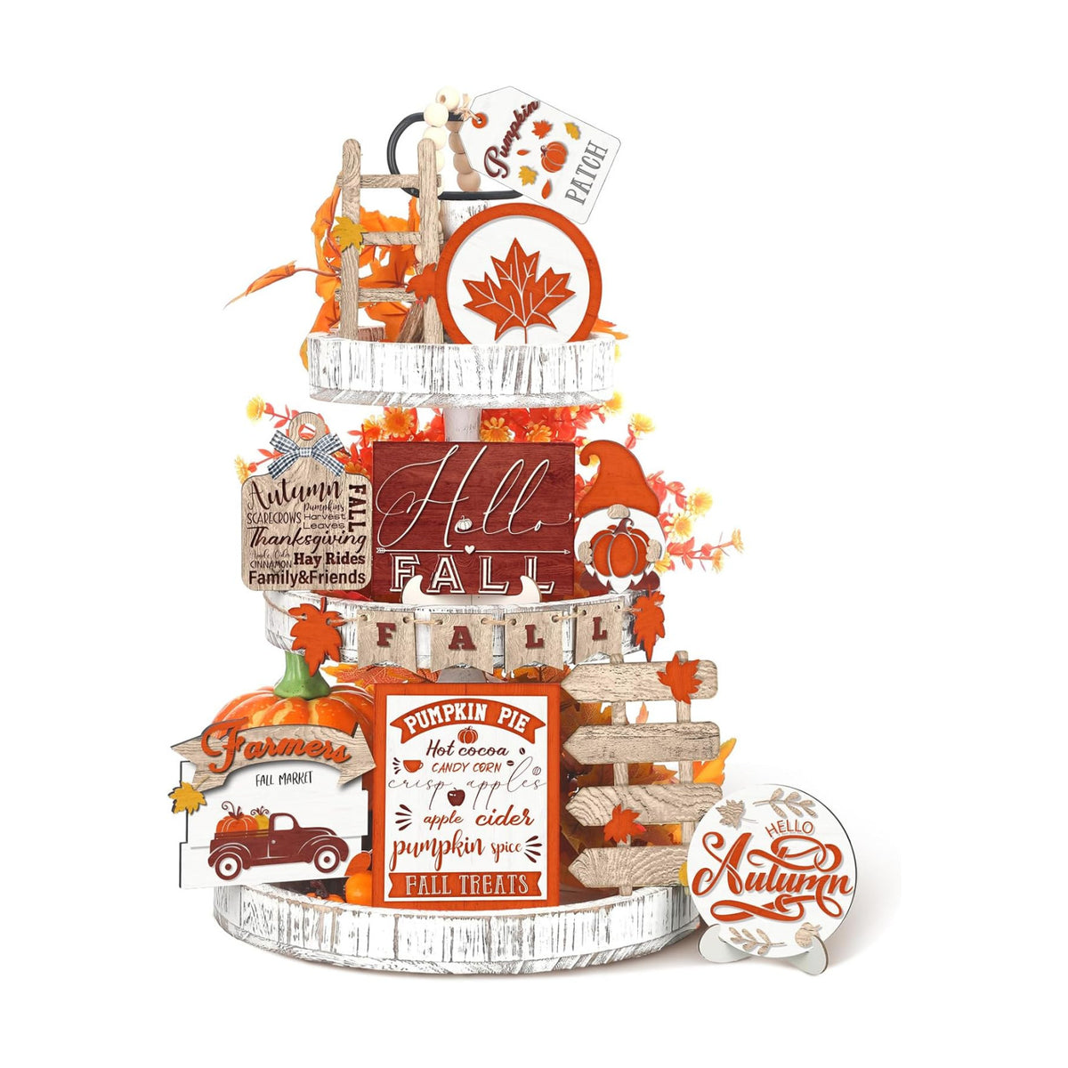 Huwena 16 Pcs Fall Tiered Tray Decor Thanksgiving Table Centerpieces Wood
