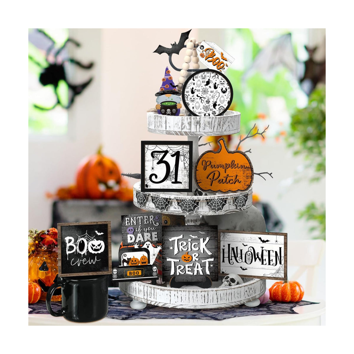 FairySandy 14 Pcs Halloween Tiered Tray Decor Set, Ghost Wood Table Signs