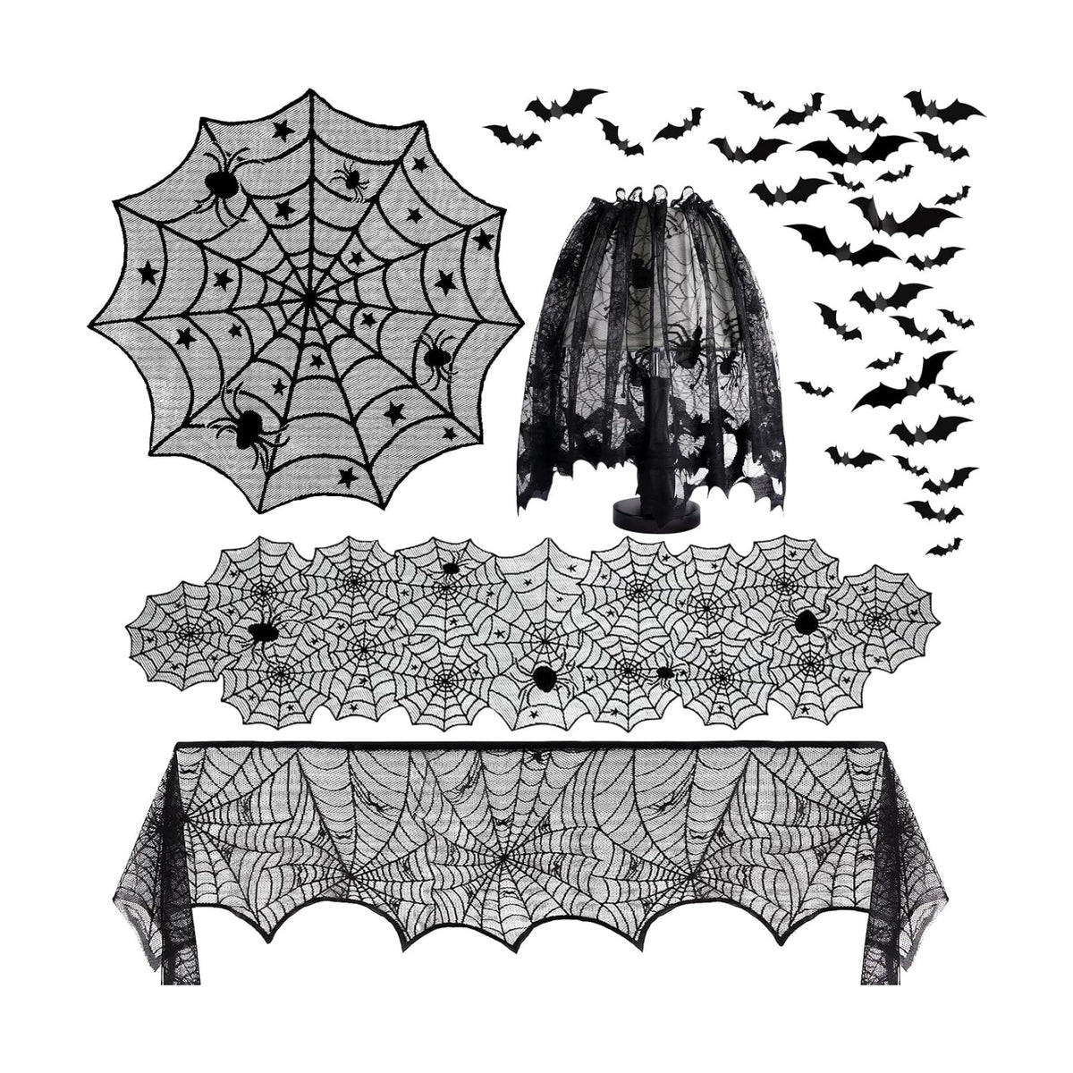 5Pack Halloween Spiderweb Tablecloth Runner Fireplace Scarf Lampshade Bats