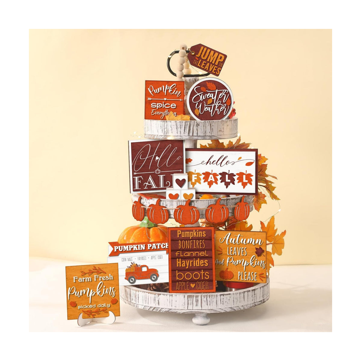FairySandy 14 Pcs Fall Tiered Tray Decor Set Farmhouse Thanksgiving Pumpkin Hello Fall Decorations Rustic Truck Spice Blocks Autumn Wooden Sign for Home Shelf Festival Party Decor
