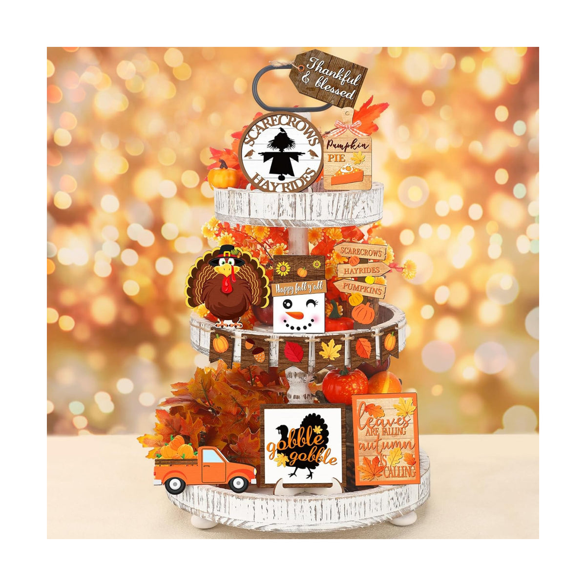 FairySandy 14 Pcs Fall Thanksgiving Tiered Tray Decor Set, Turkey Wood Sign