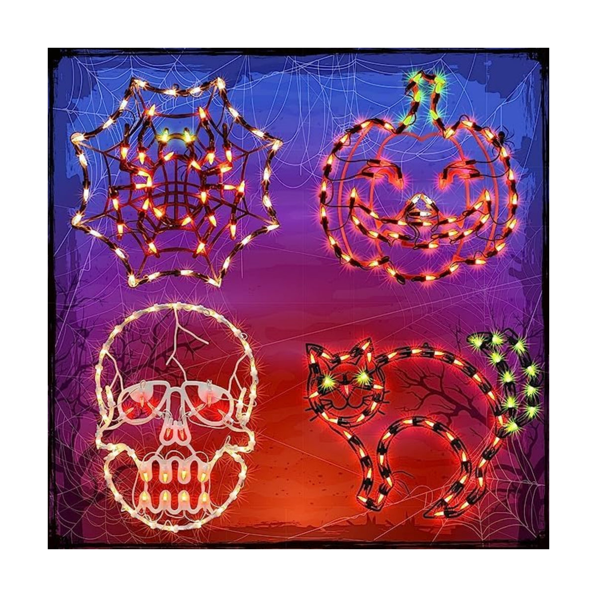 LAMPHOME Halloween Decorations - Window Silhouette Holiday Displays, Lighted Jack-O-Lantern, Cobweb, Skull, Cat for Party, Home, Indoor, Tabletop Ornaments (4-Pack)