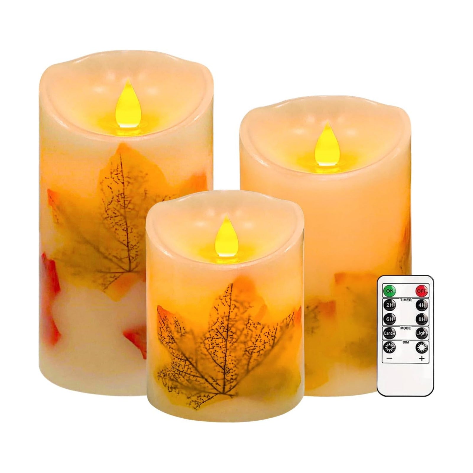 Maple Leaf Flameless Candles Set of 3, Fall Candles with Remote & Timer | Flickering Real Wax Pillar Candles Battery