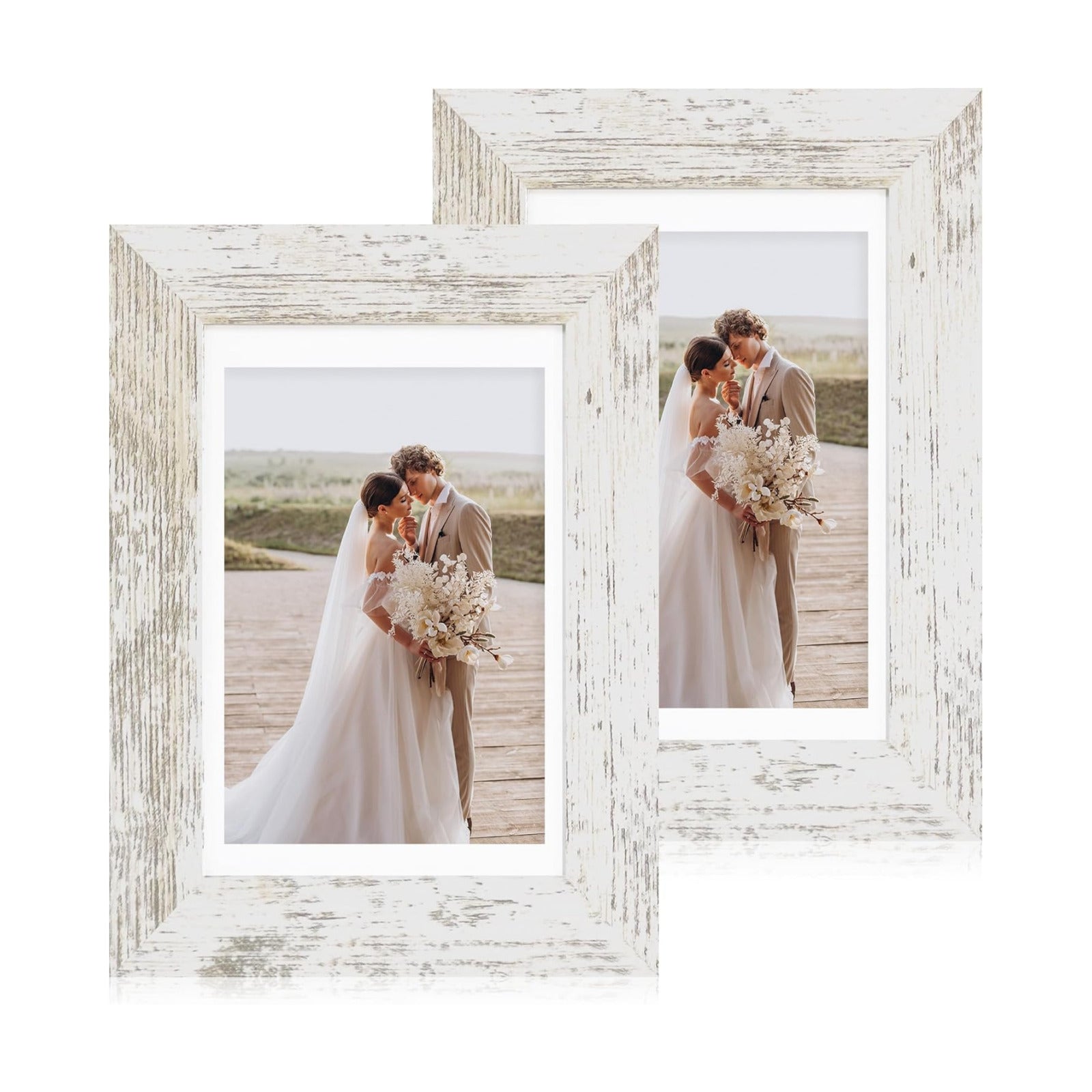Made of Real Glass and Wooden Frame / Distressed White / 5 x 7 / Set of 2