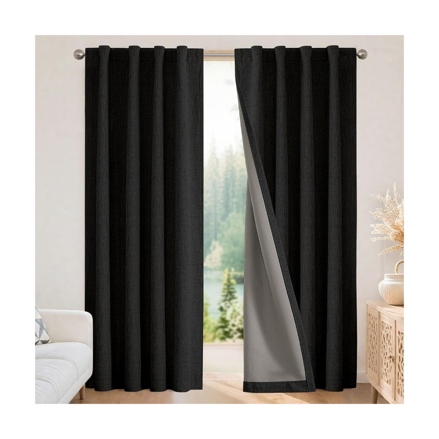 Joydeco Blackout Curtains for Bedroom - 90 Inch Long 100% Light Blocking 2 Panels Set Black Drapes, Thermal Insulated