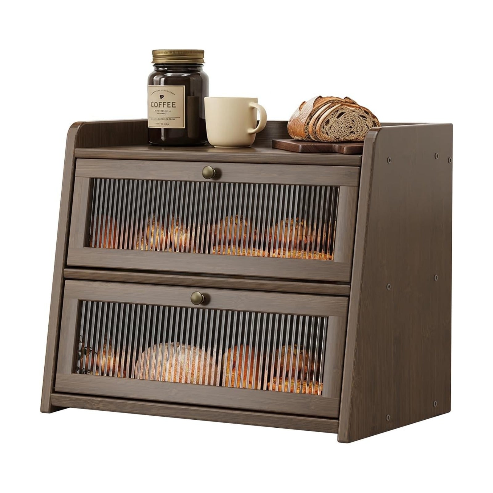 Large Bamboo Bread Box for Kitchen Countertop Bread Storage | Natural Bamboo, Corner Bread Box, Double Layer with Clear