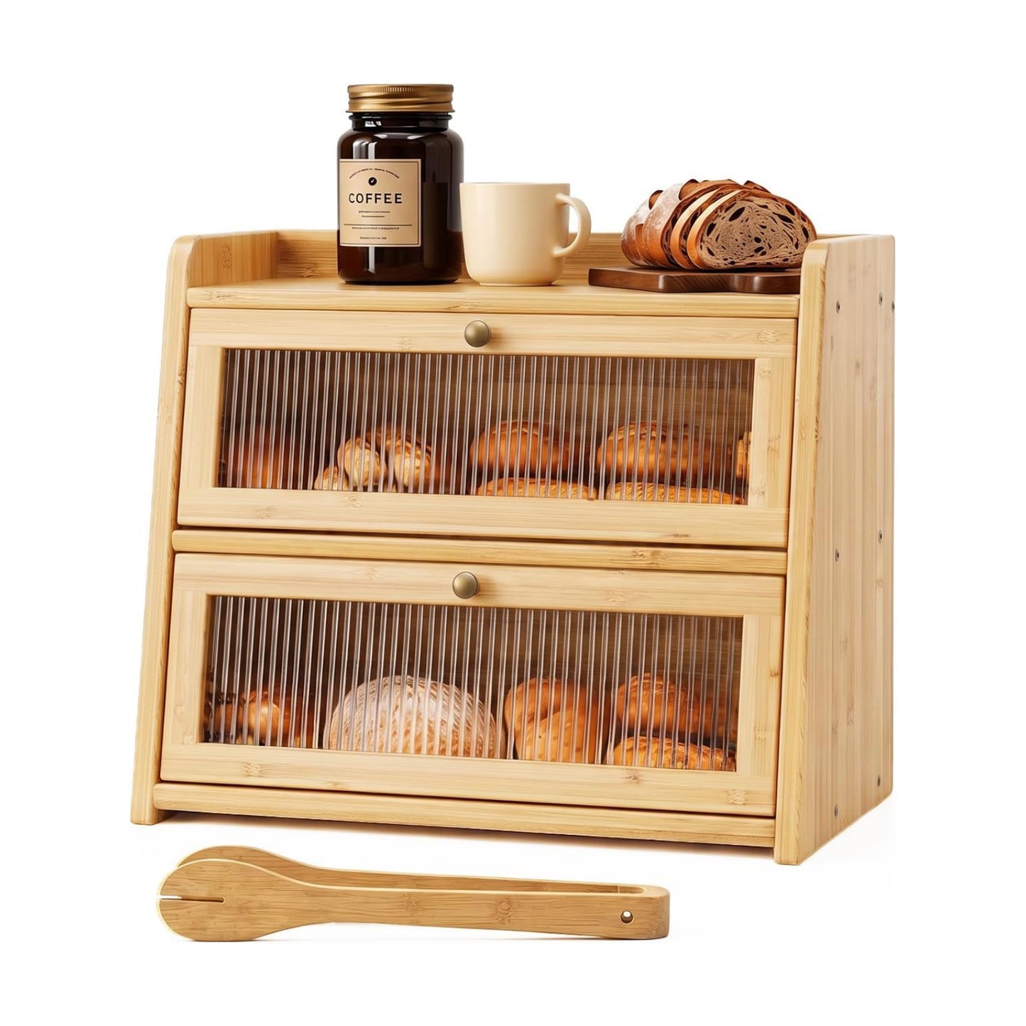 Double Layer Bamboo Bread Box with Window for Countertop | Natural Bamboo, Corner Bread Box, Double Layer with Clear