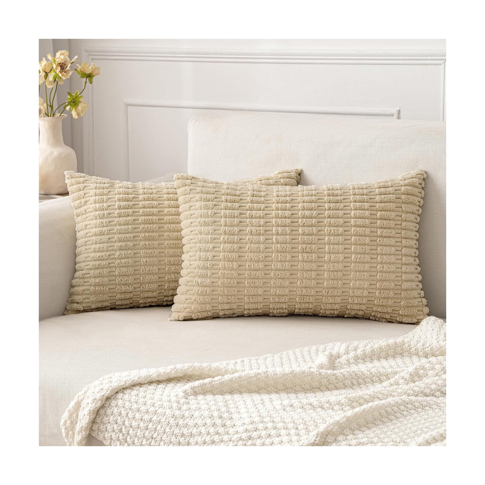 MIULEE Lumbar Corduroy Decorative Throw Pillow Covers 12x20 Tan Pack of 2