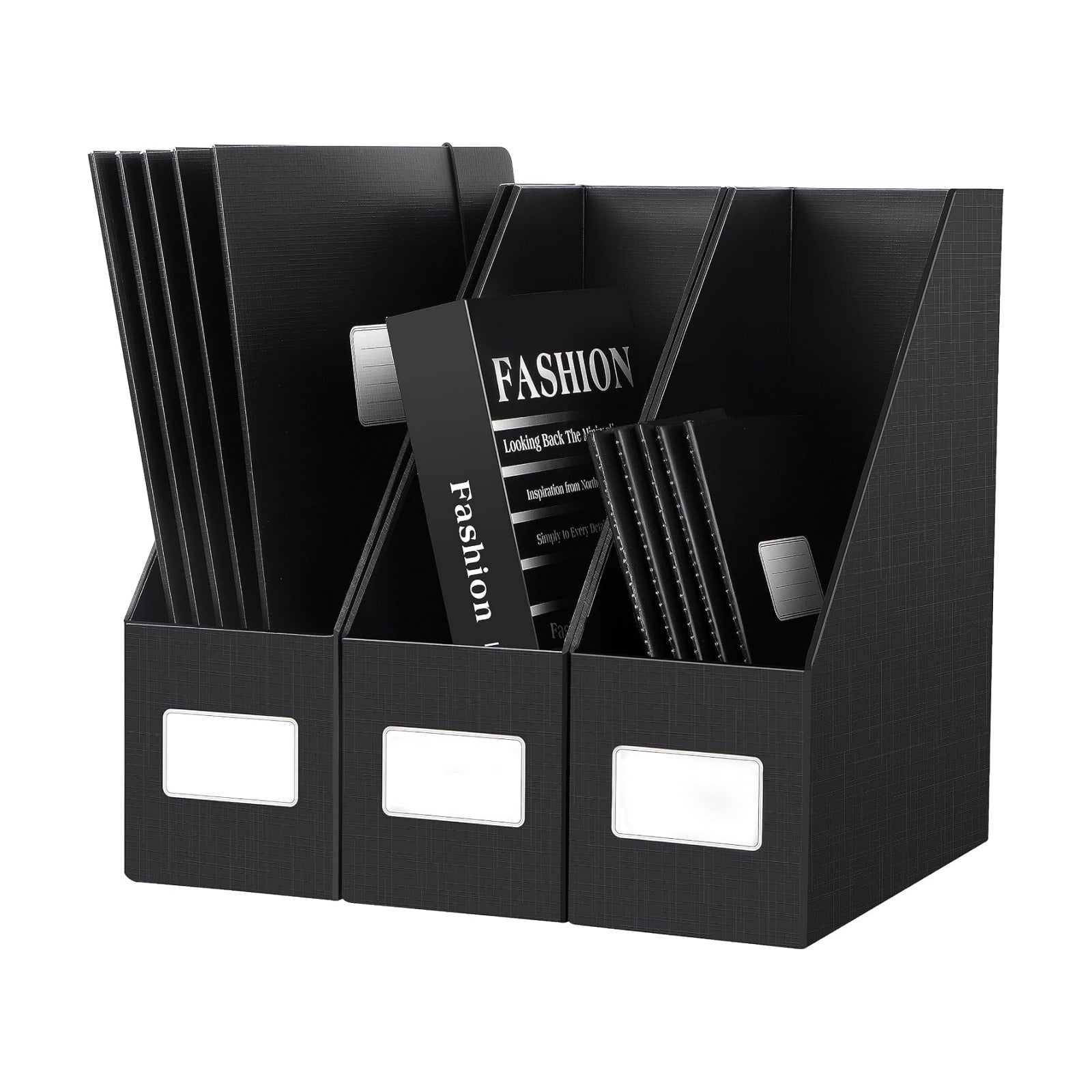 Black Magazine File Holders，3 Packs Cardboard File Rack, Folder Holder | Sturdy Cardboard Desktop Storage File Box