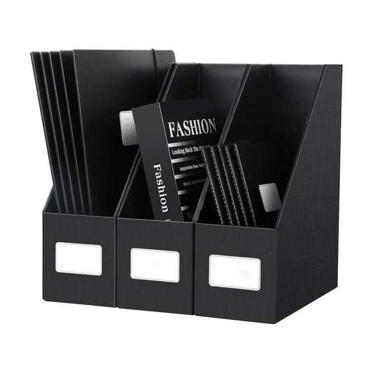Black Magazine File Holders，3 Packs Cardboard File Rack, Folder Holder | Sturdy Cardboard Desktop Storage File Box