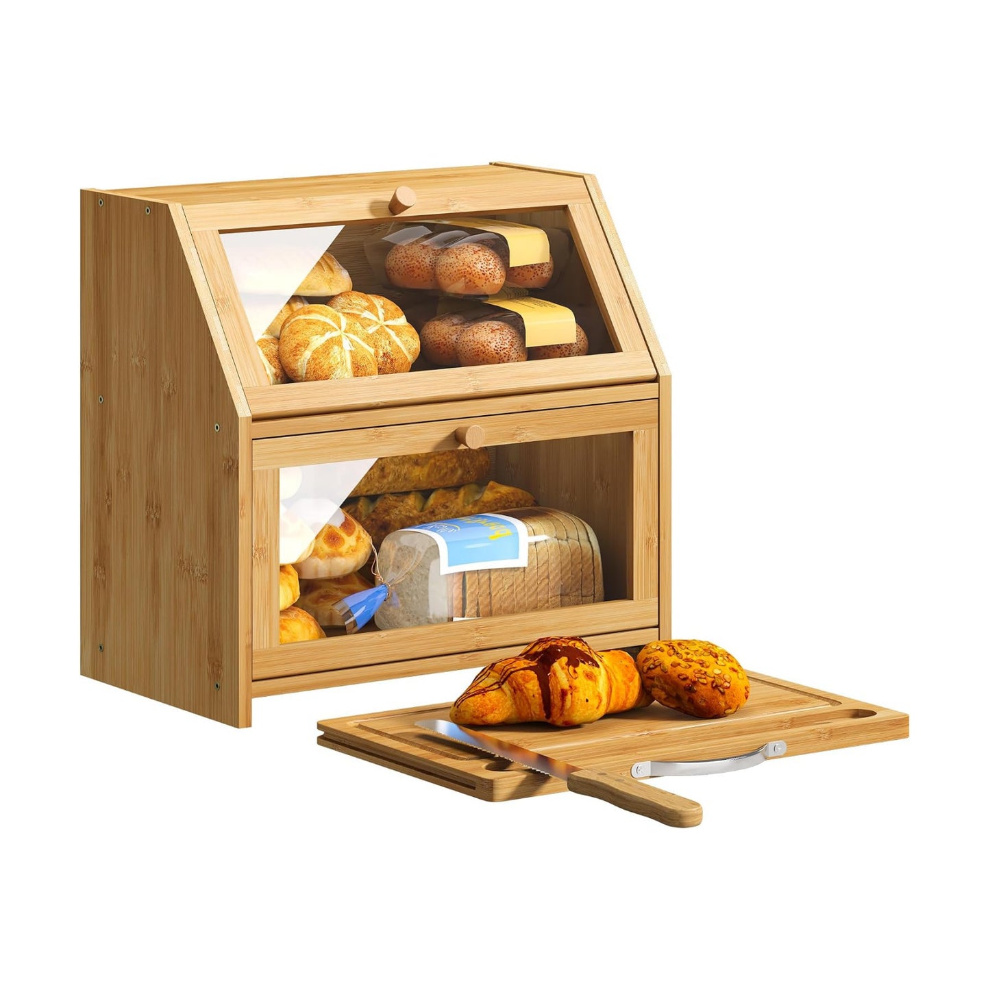 BMOSU Bread Box with Cutting Board Kitchen Bread Storage Organizer Farmhouse Countertop Double Bamboo Wood Bread