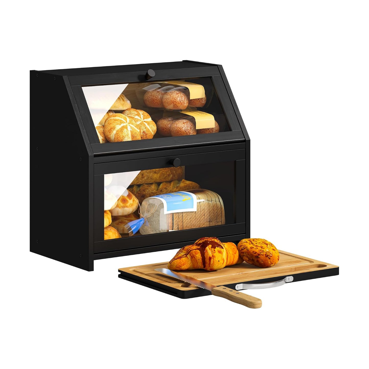 BMOSU Bread Box with Cutting Board Kitchen Bread Storage Organizer Farmhouse Countertop Double Bamboo Wood Bread