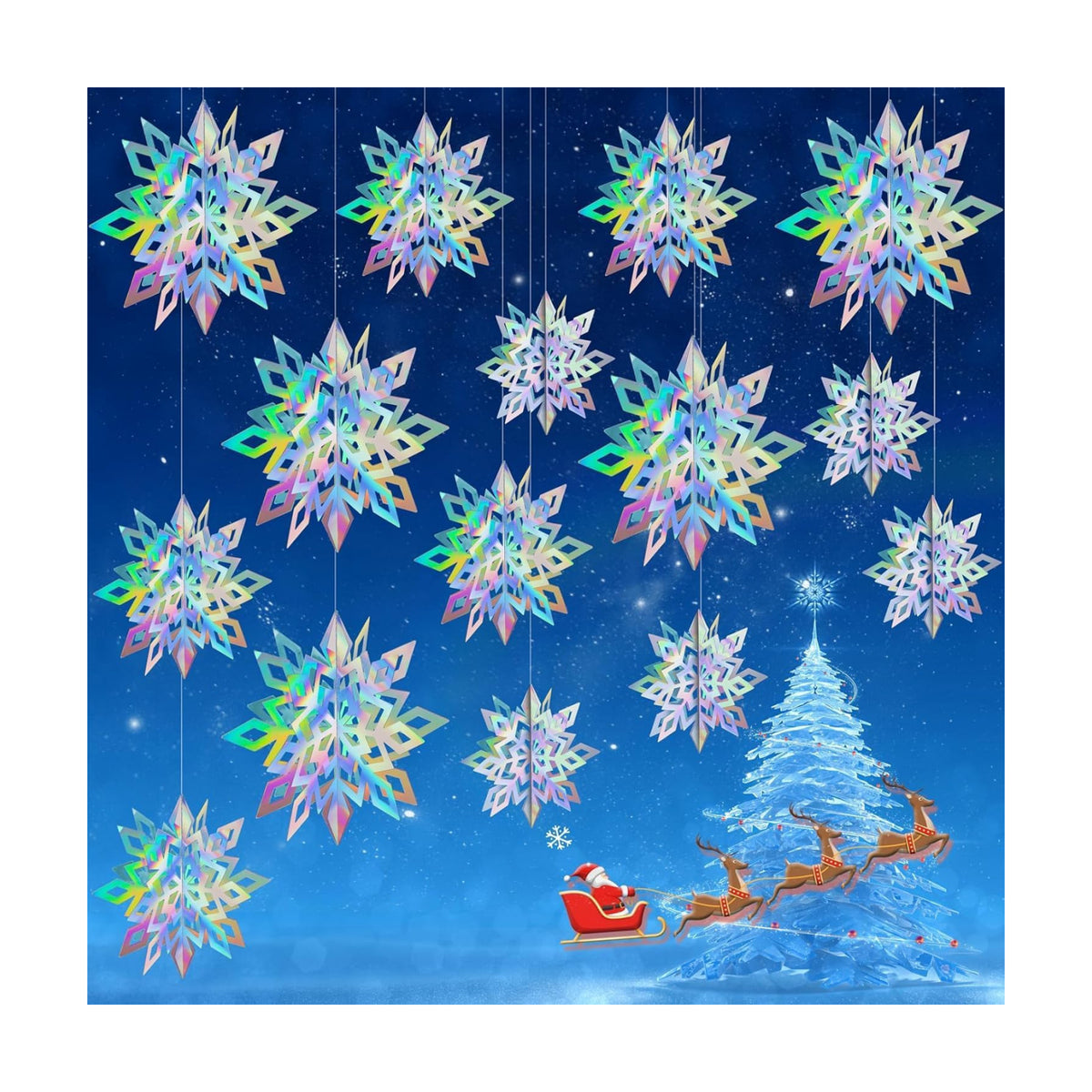 Crafare 18PCS Christmas Hanging Holographic Snowflake Ornamnets 3D Paper Snowflakes Garland Sparkly 3 Size for Winter Wonderland Holiday New Year Party Decoration