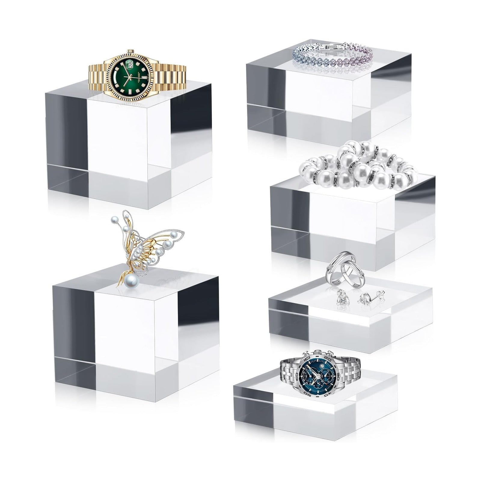6 Pcs Acrylic Risers Stand Display Block Decor Riser 3 Size Decor Clear Polished Cube Solid Pedestal Stand for Jewelry