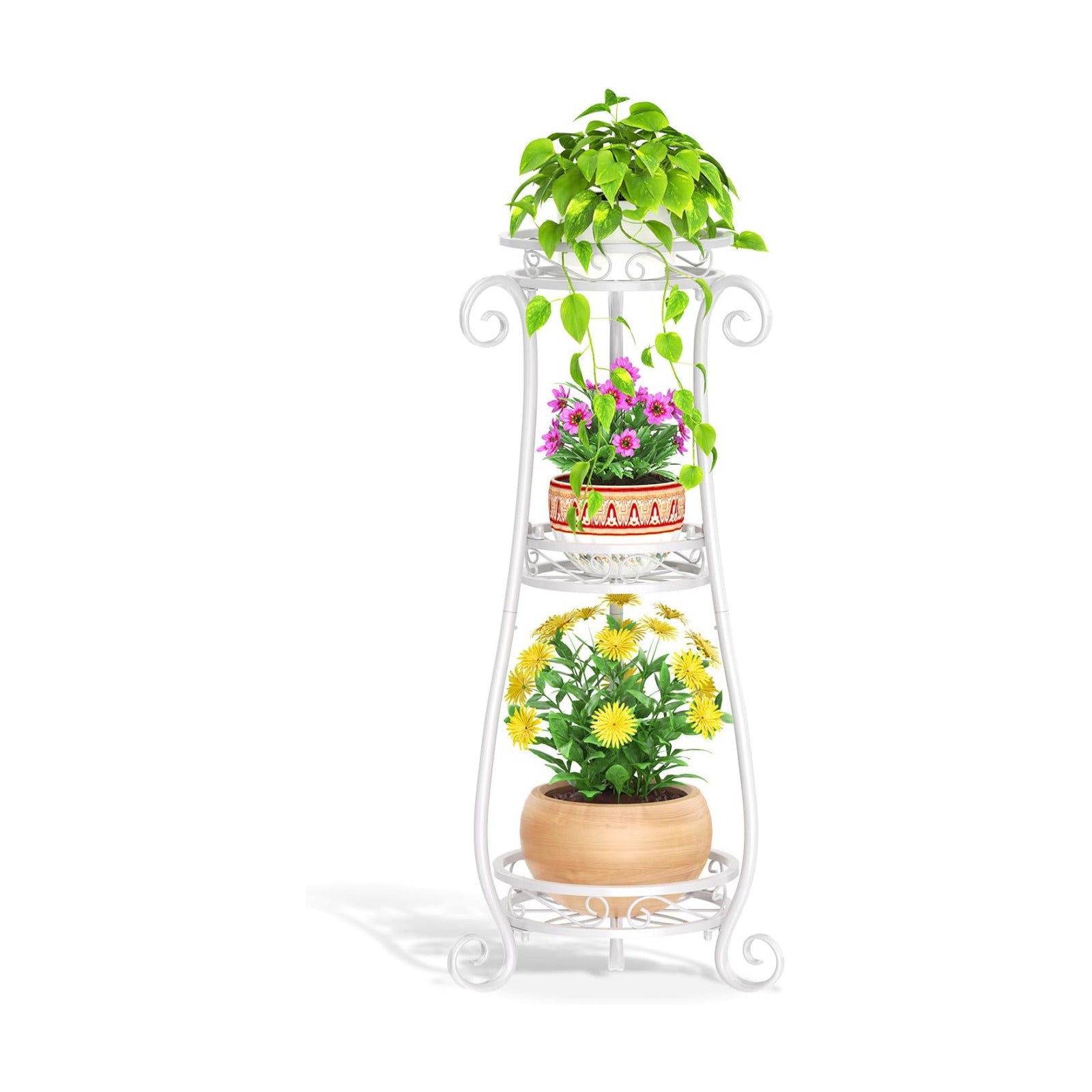 LASZOLA 3 Tiers Metal Corner Plant Flower Stand Tall Indoor Outdoor, White | Heavy Duty Small Holder Shelf for Multiple
