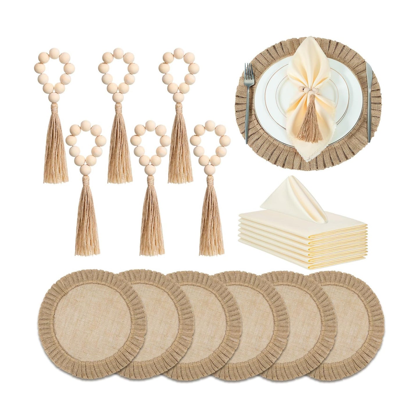 Gejoy 18 Pcs Burlap Placemat Wood Napkin Ring Dinner Napkin, Natural | Round Heat Resistant Jute Mats Wooden Bead