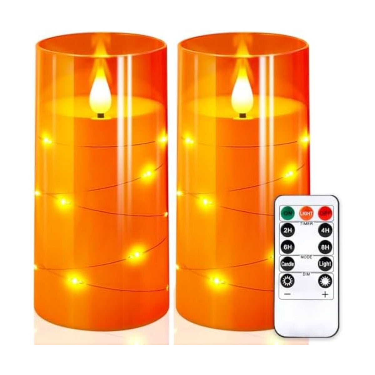 NURADA 3"x6"Flickering Flameless Candles: Built-in Star String Lights 3D Wick Battery Operated LED Pillar Candles with Remote and Timer for Halloween Thanksgiving Dinner Tables Home Fall Decor Orange