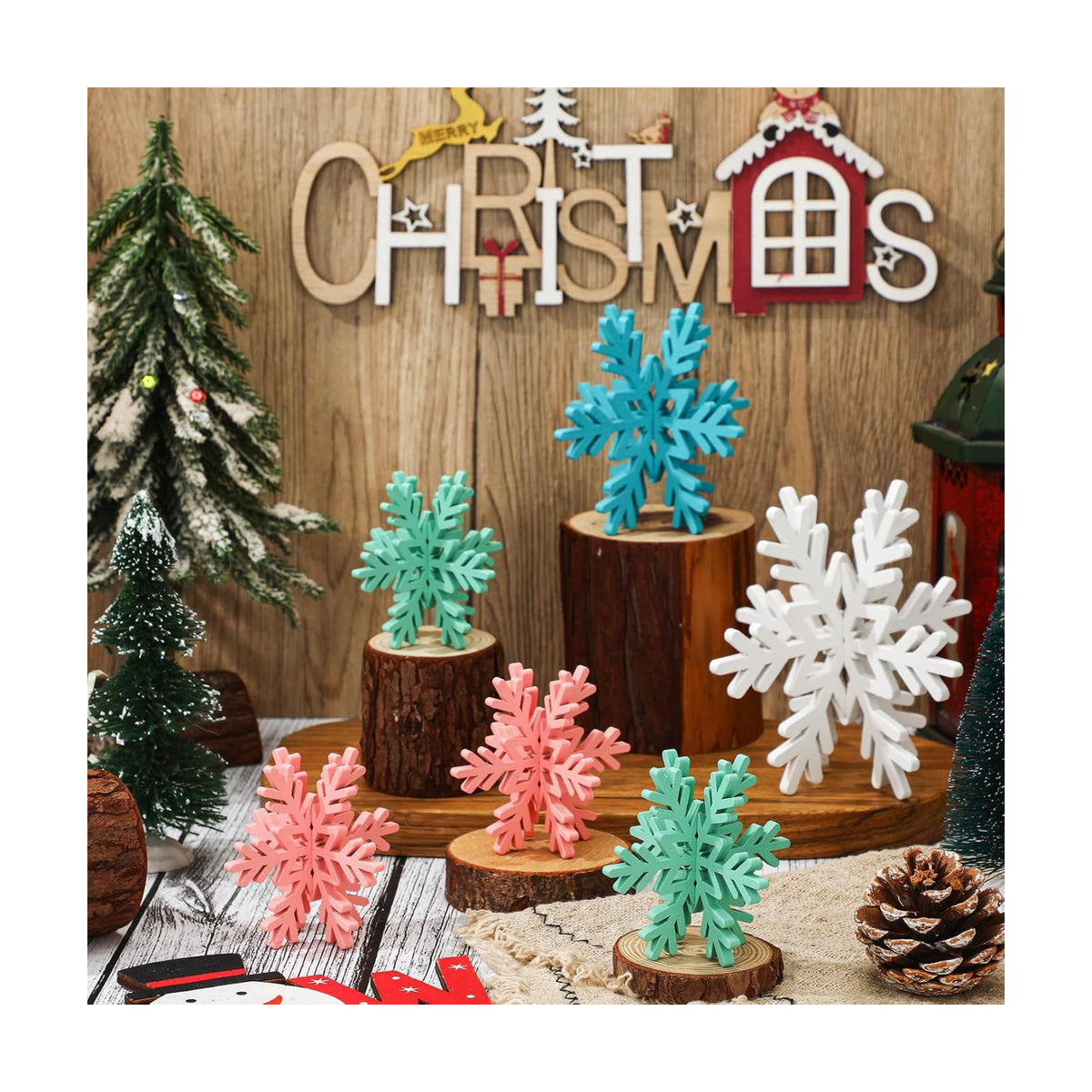 Bucherry 12 Pcs Wooden Snowflakes Table Decor,Pink, Green, Blue, White