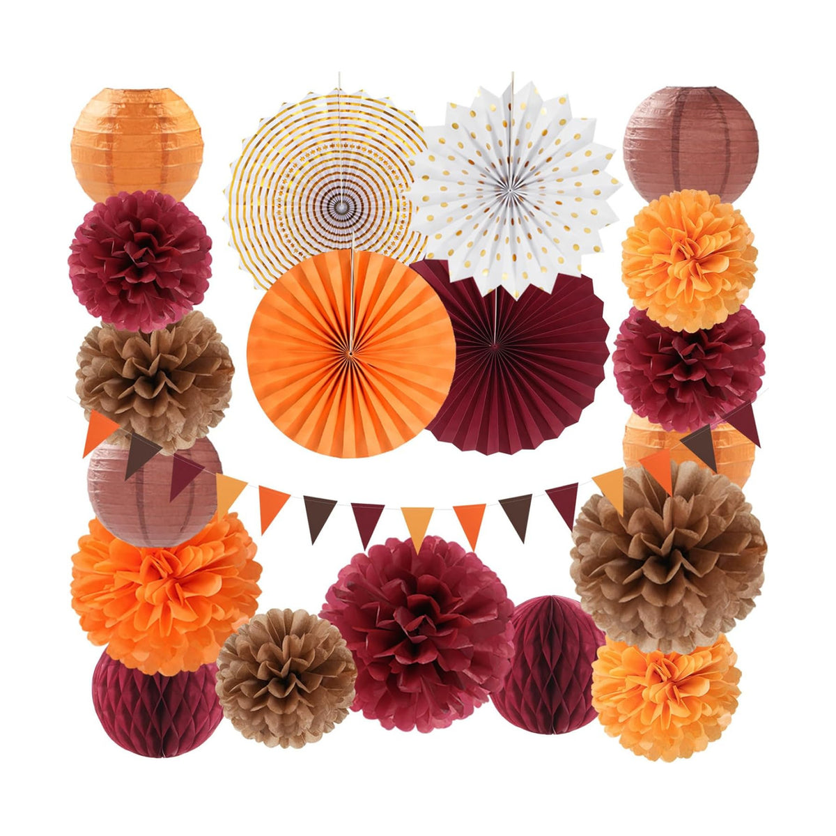 Burgundy Brown-Orange Baby-Shower Boho Party-Decorations - 20pcs Fall Autumn Paper Lanterns Fans,Tissue Pom Poms,Honeycomb Balls,Wedding Birthday Bridal Harvest Thanksgiving Festival Decor Burgleda