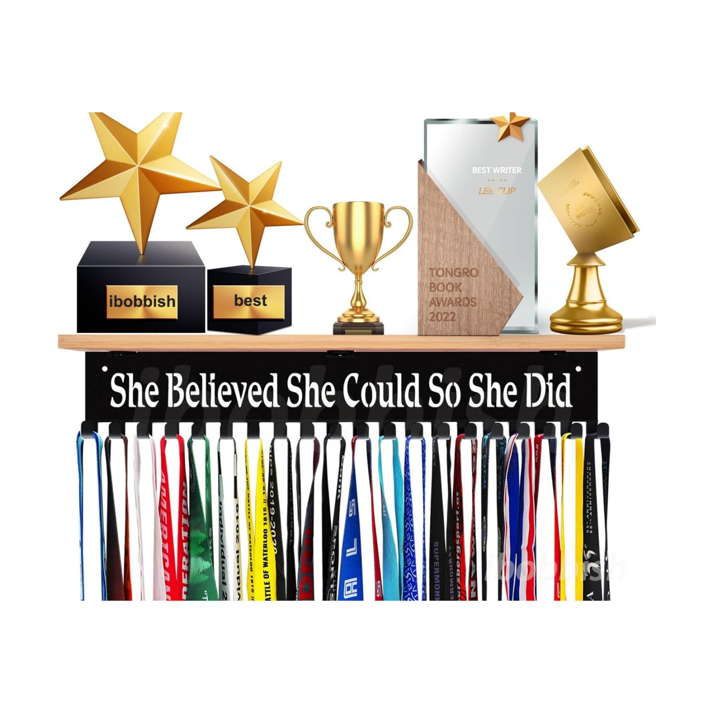 iBobbish Premium Trophy and Medal Display Shelf 16inchL,Metal Trophy Shelf with Hooks Upgraded,Large Bamboo Trophy