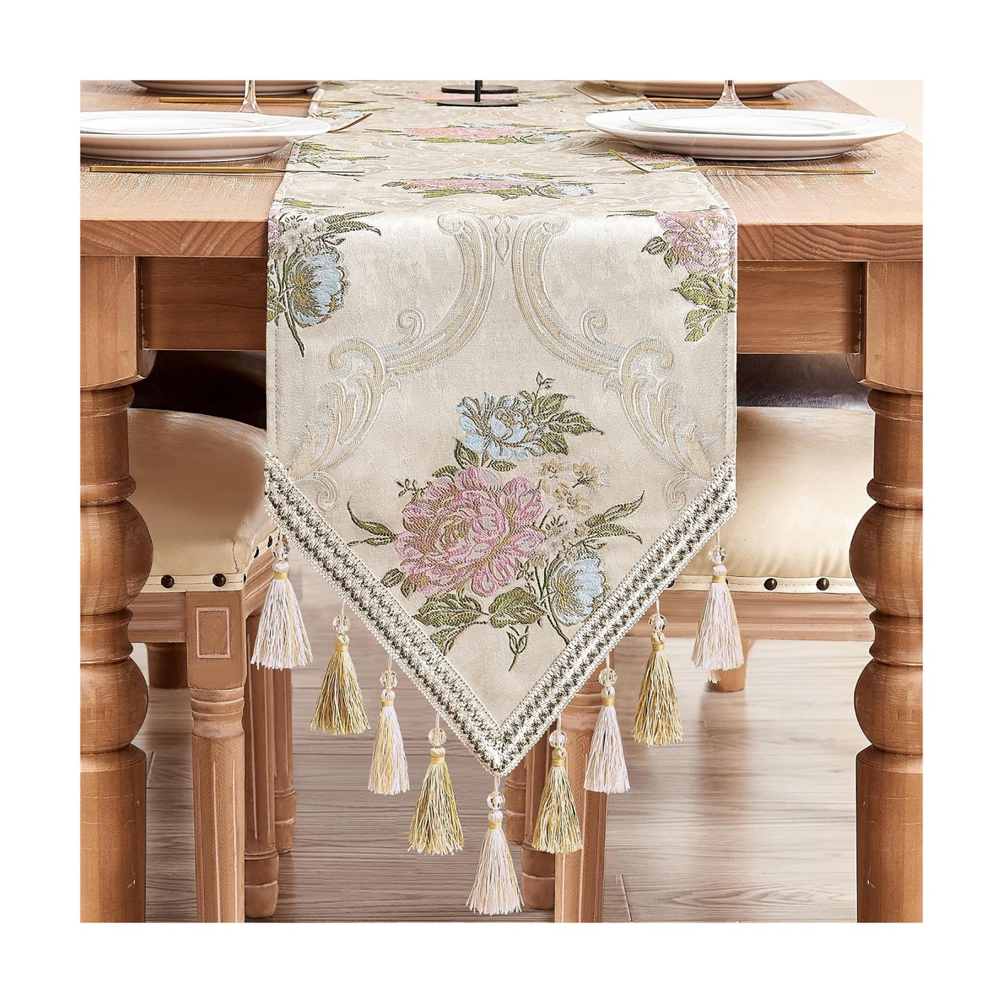 Loom and Mill European Jacquard Floral Table Runner 13x72 inch,Pearly Beige | Elegant Damask Dining Table Runners with