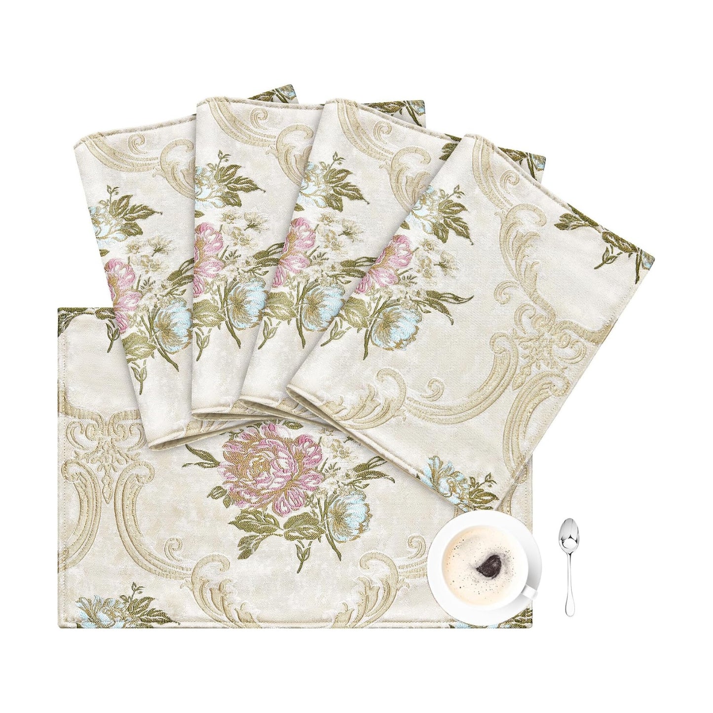 Loom and Mill Jacquard Floral Placemats Set of 4, Pearly Beige, 12x18in | Luxury Elegant Non-Slip Table Place Mats for