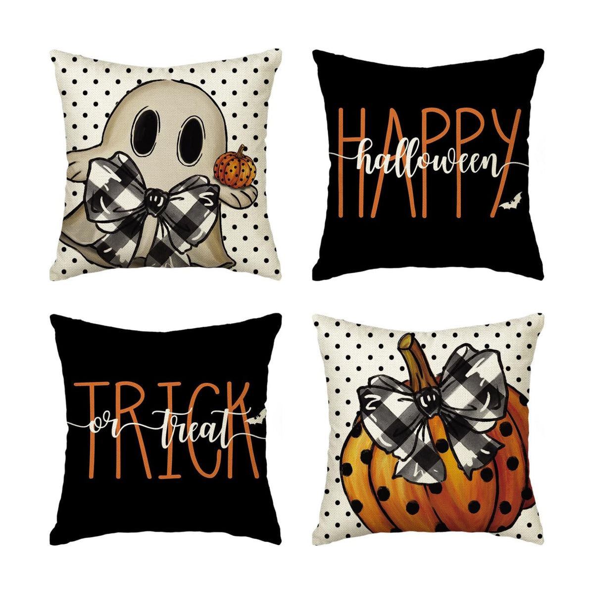 AVOIN colorlife Happy Halloween Cute Ghost Trick or Treat Throw Pillow Covers, 16 x 16 Inch Polka Dot Pumpkin Bat Cushion Case for Sofa Couch Set of 4 Black