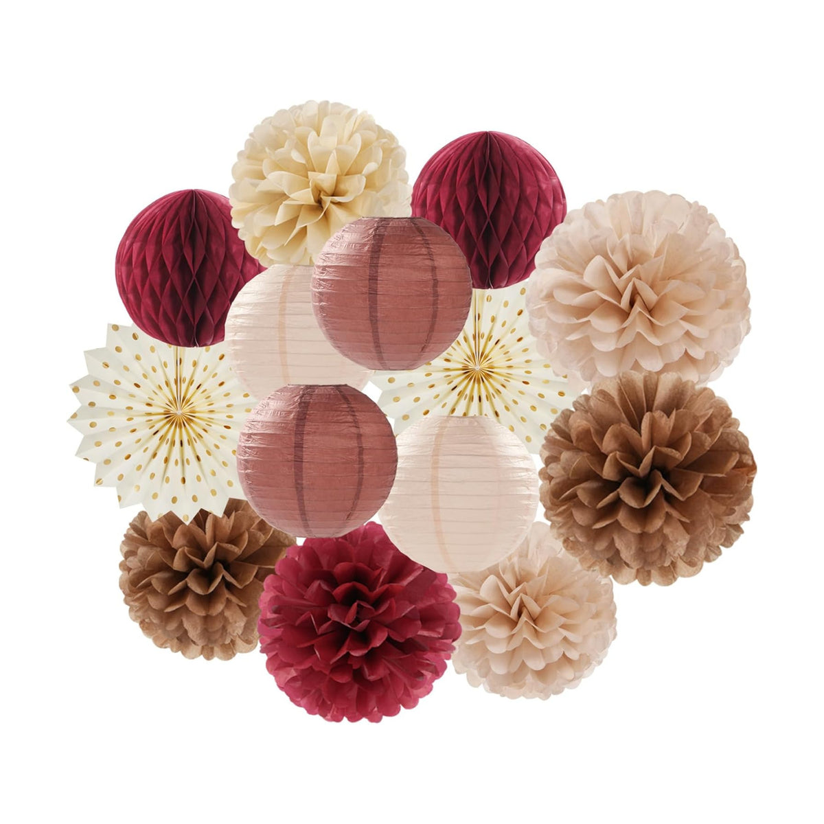 Brown Burgundy Champagne Boho Party-Decorations - 14pcs Rustic Wedding Paper Lanterns Fan,Tissue Pom Poms Streamers,Honeycomb,Fall Autumn Birthday Baby Bridal Shower Engagement Decor Lasting Surprise