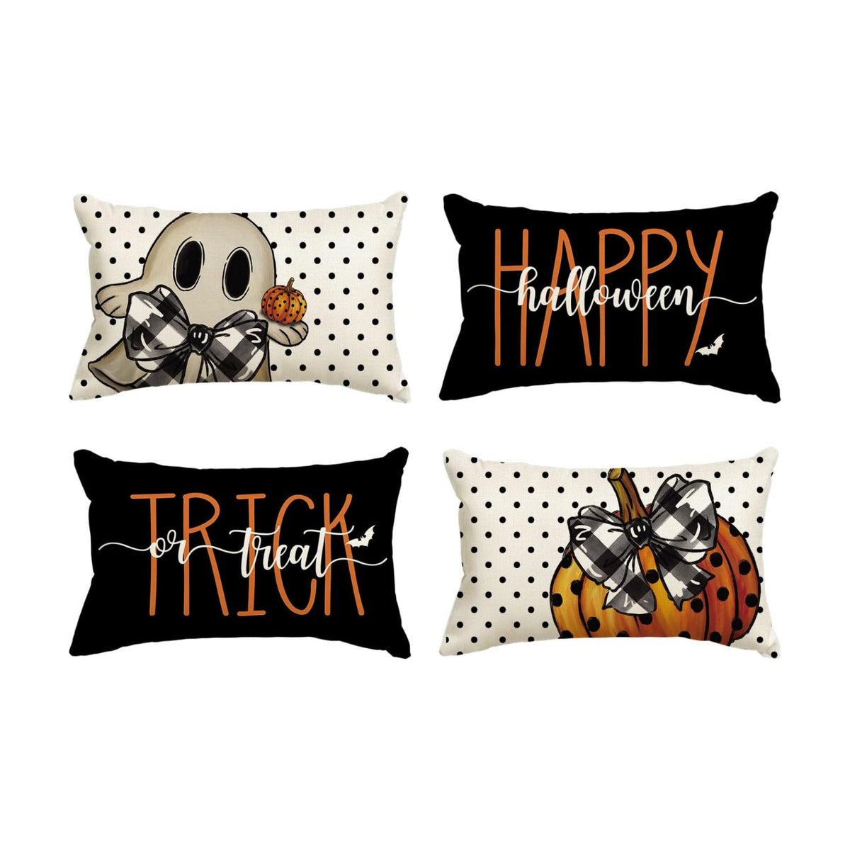 AVOIN colorlife Happy Halloween Cute Ghost Trick or Treat Throw Pillow Covers, 12 x 20 Inch Polka Dot Pumpkin Bat Cushion Case for Sofa Couch Set of 4 Black