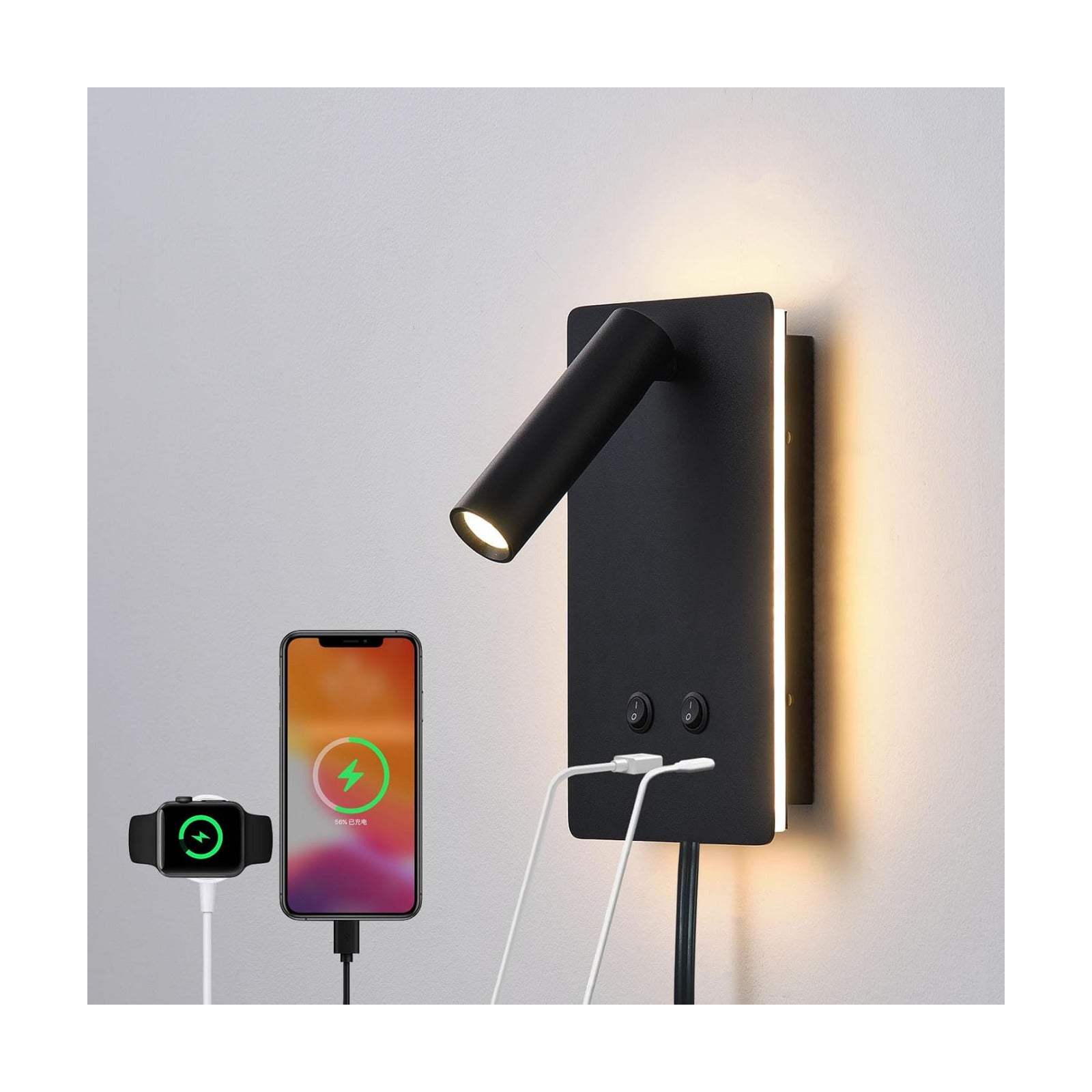 MOLUOLA LED Wall Lamp Wall Mounted Reading Lights, Adjustable Headboard Plug in Wall Sconce with USB C+A Ports