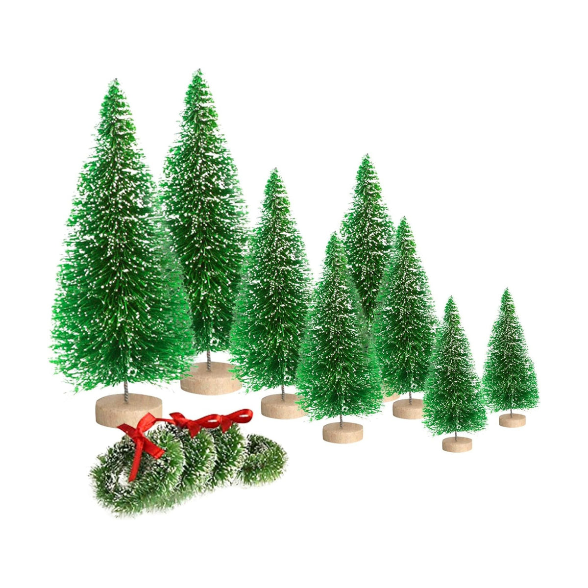 8pcs Mini Christmas Tree, Artificial Bottle Brush Trees with Wood Base, Tabletop Miniature XmasTrees with 4 Small Christmas Wreath, Fake Xmas Tree Ornament, White Christmas Tree for Christmas Décor