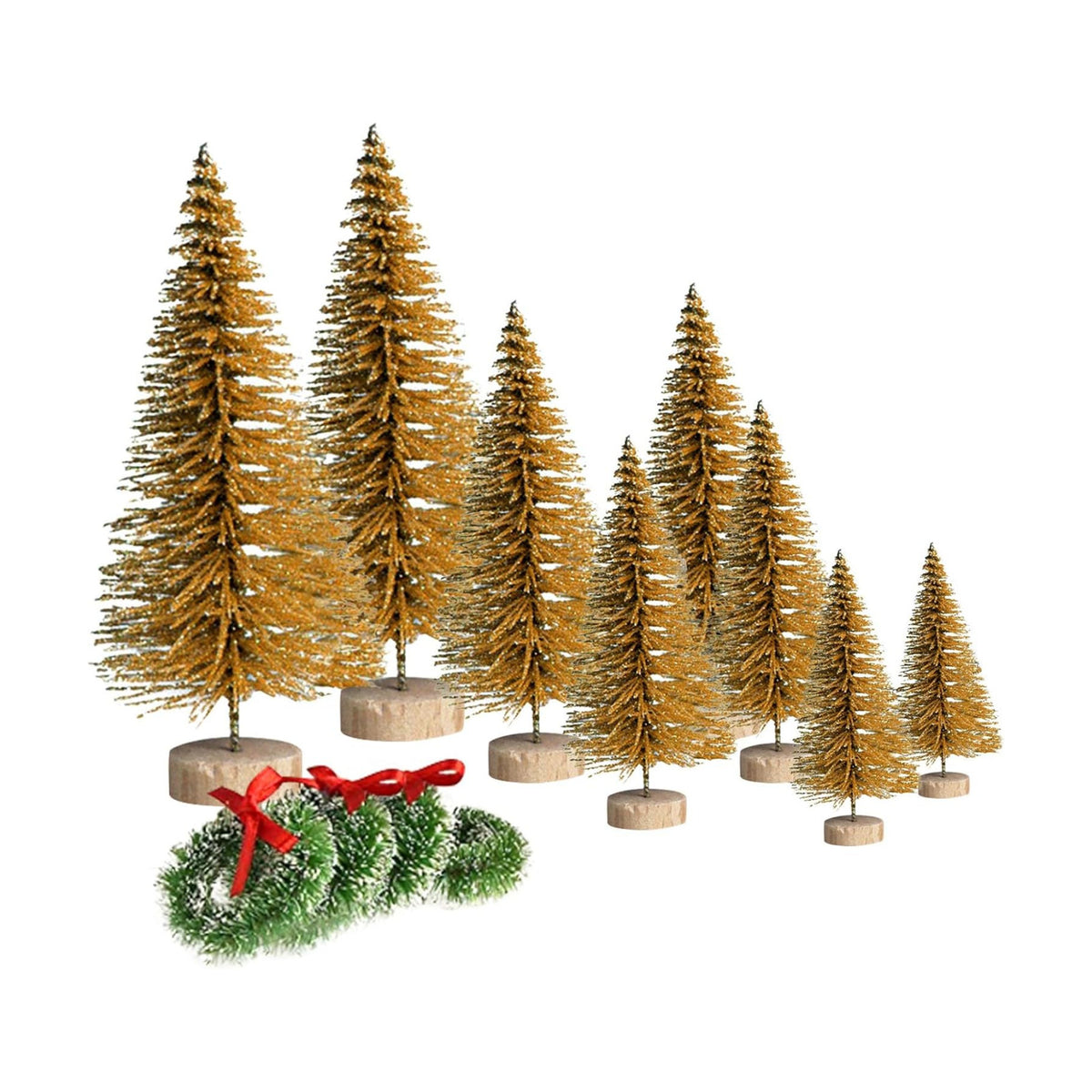8pcs Mini Christmas Tree, Artificial Bottle Brush Trees with Wood Base, Tabletop Miniature XmasTrees with 4 Small Christmas Wreath, Fake Xmas Tree Ornament, White Christmas Tree for Christmas Décor