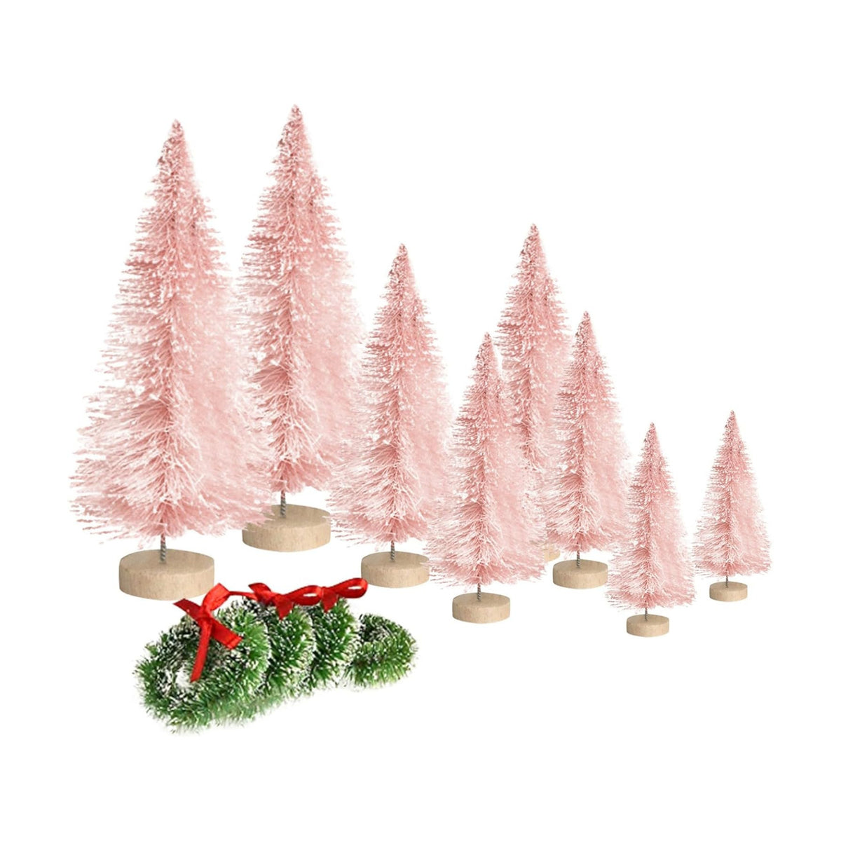 8pcs Mini Christmas Tree, Artificial Bottle Brush Trees with Wood Base, Tabletop Miniature XmasTrees with 4 Small Christmas Wreath, Fake Xmas Tree Ornament, White Christmas Tree for Christmas Décor