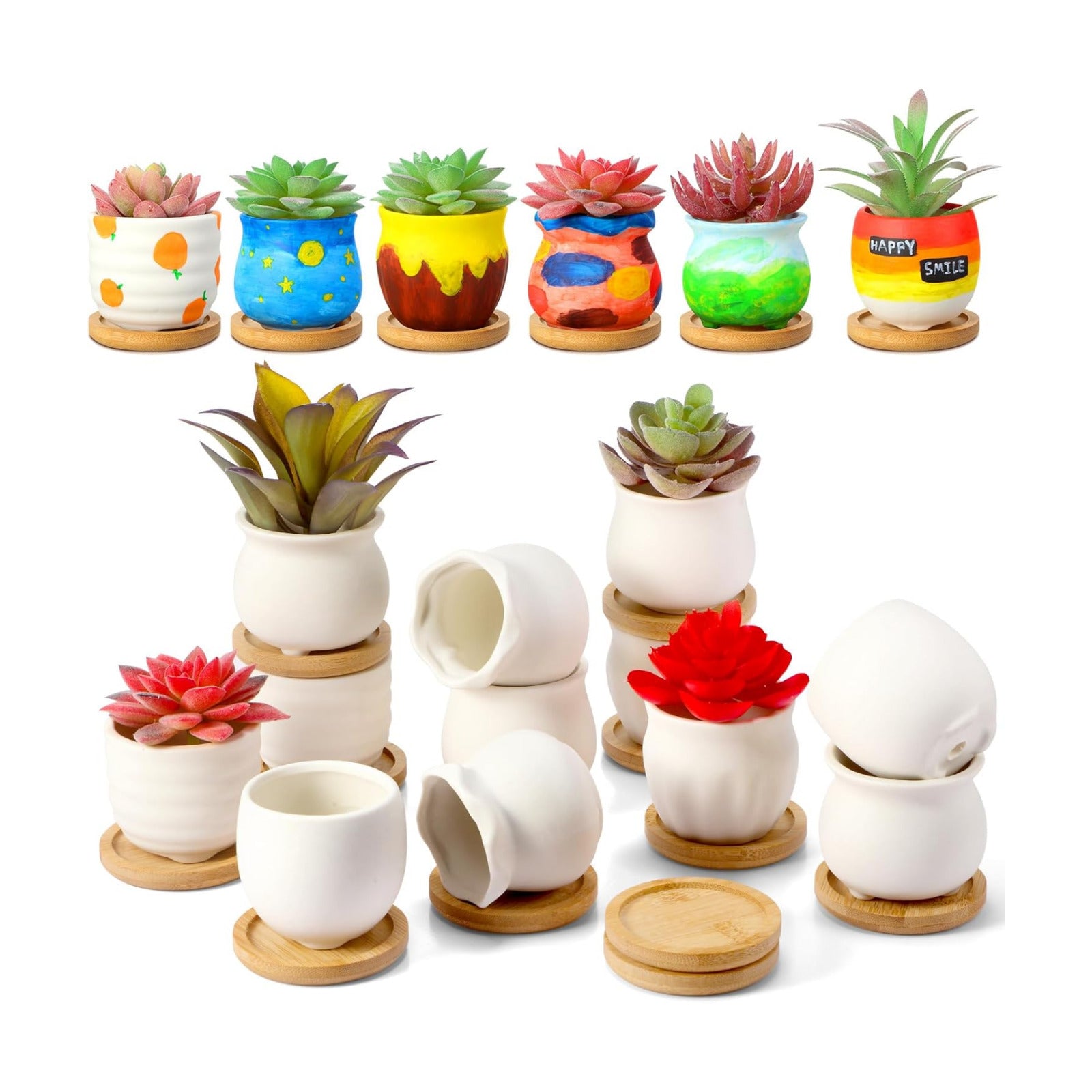 Bamboo Tray Ceramic Pots Color Your Own DIY Small Planters / 2.5 Inch / White / Set of 12