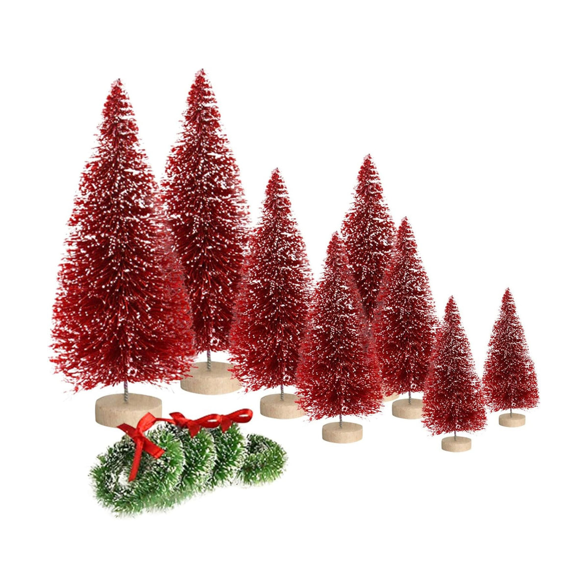 8pcs Mini Christmas Tree, Artificial Bottle Brush Trees with Wood Base, Tabletop Miniature XmasTrees with 4 Small Christmas Wreath, Fake Xmas Tree Ornament, White Christmas Tree for Christmas Décor