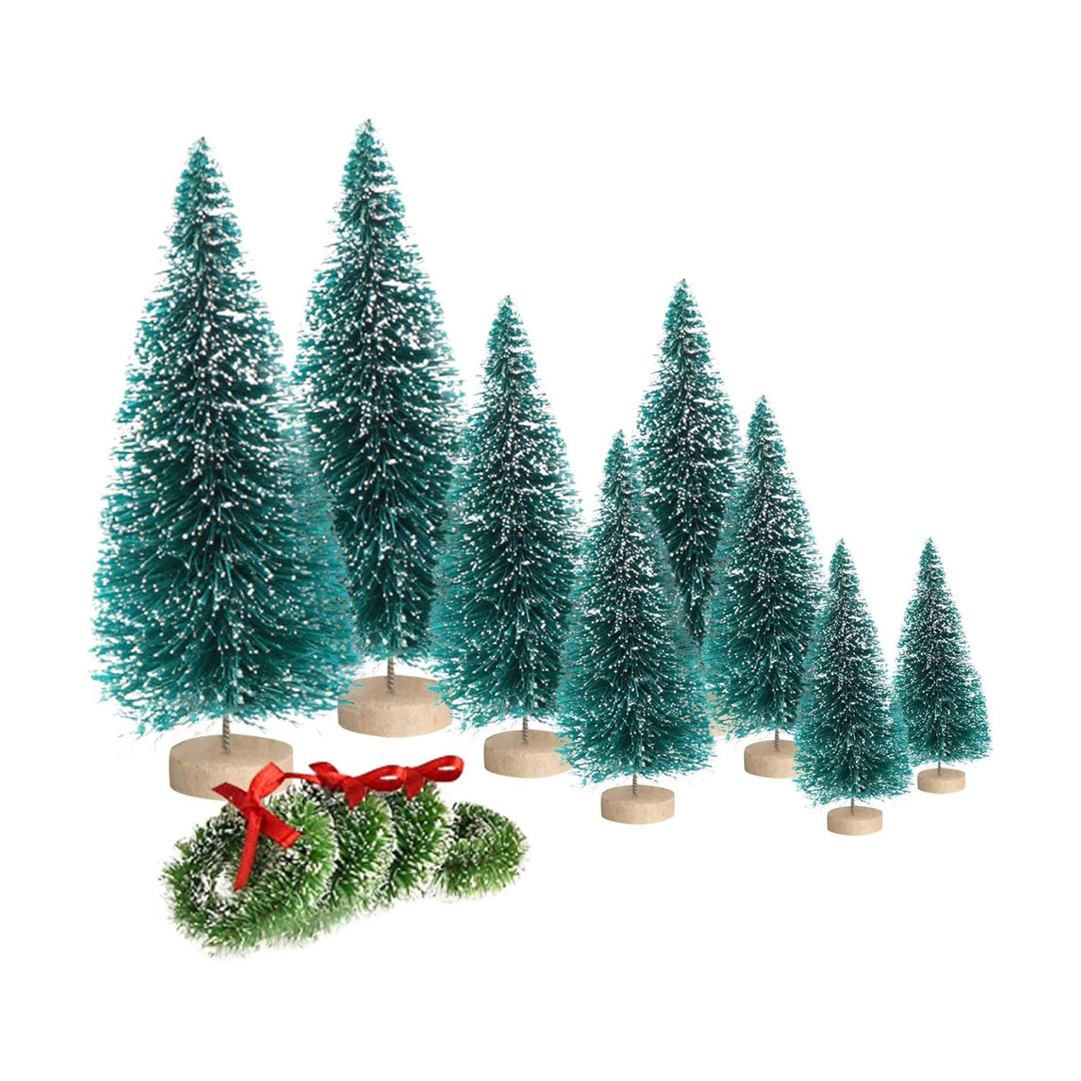 8pcs Mini Christmas Tree, Artificial Bottle Brush Trees with Wood Base, Tabletop Miniature XmasTrees with 4 Small Christmas Wreath, Fake Xmas Tree Ornament, White Christmas Tree for Christmas Décor