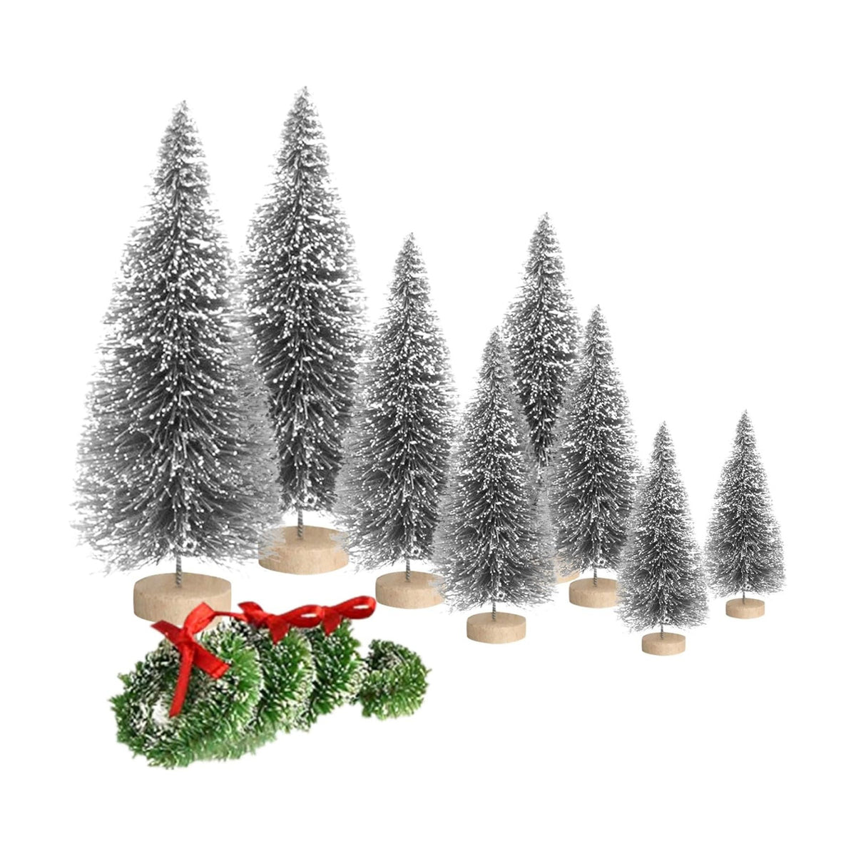 8pcs Mini Christmas Tree, Artificial Bottle Brush Trees with Wood Base, Tabletop Miniature XmasTrees with 4 Small Christmas Wreath, Fake Xmas Tree Ornament, White Christmas Tree for Christmas Décor
